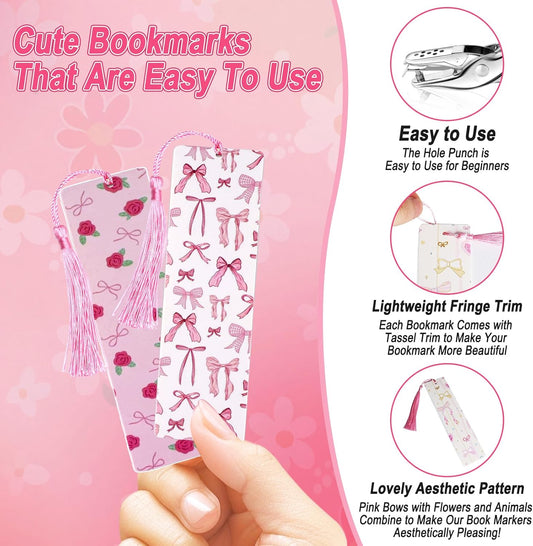 24Set Cute Bookmarks for Reading Women Aesthetic Girly Bookmarks Pretty Pink Bow Book Marks Bulk DIY Bookmark Bookish Page Markers Making Kit Coquette Reading Accessories Valentines Day Gifts