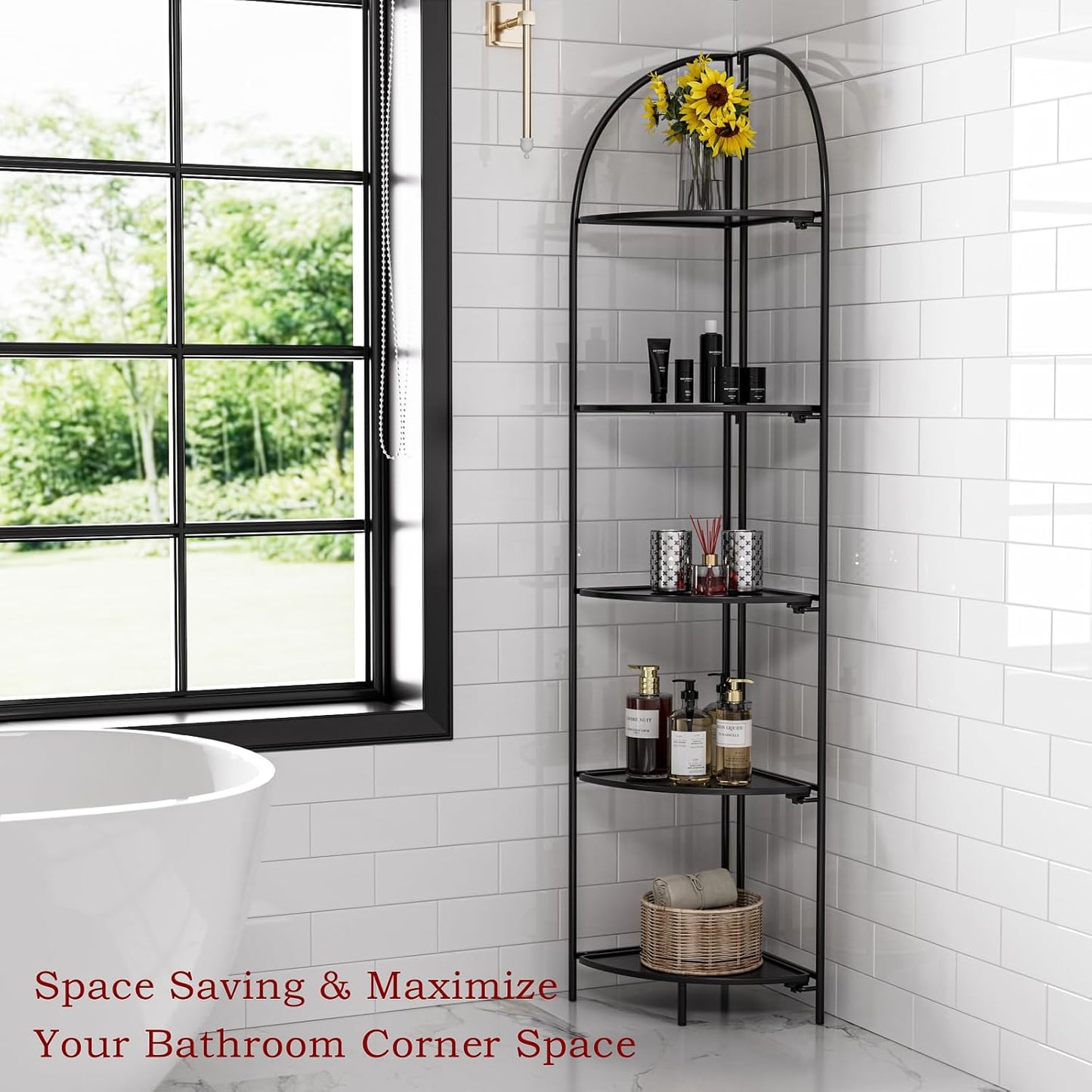 Crofy Foldable 5 Tier Corner Shelf, Metal Corner Plant Stand with Black Frame and Black Shelves, Corner Display Rack Multipurpose Shelving Unit for Living Room, Bedroom, Bathroom