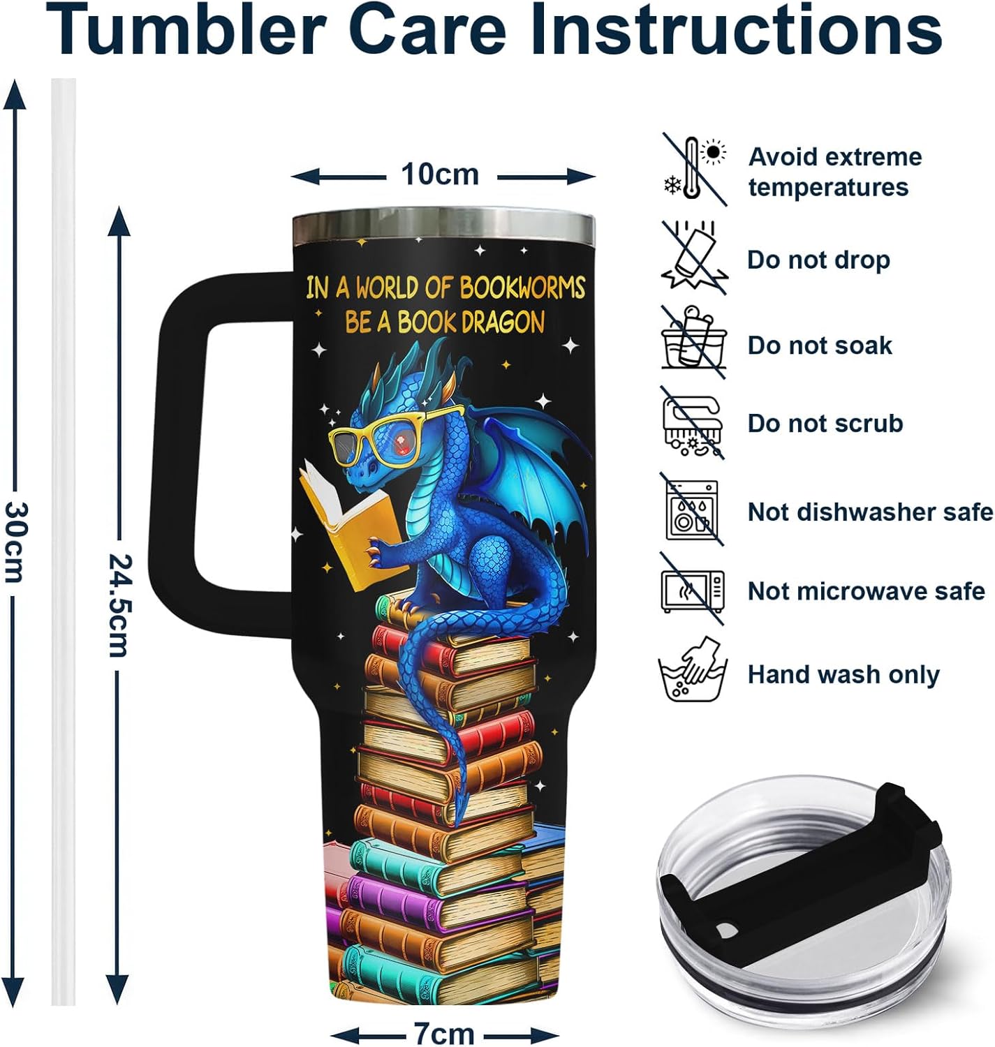 34HD Dragon Reading Books Tumbler 40oz with Handle and Straw, In a World of Bookworms Insulated Travel Coffee Mug, Bookish Items to Men & Women - Birthday Gifts for Book Lovers and Readers