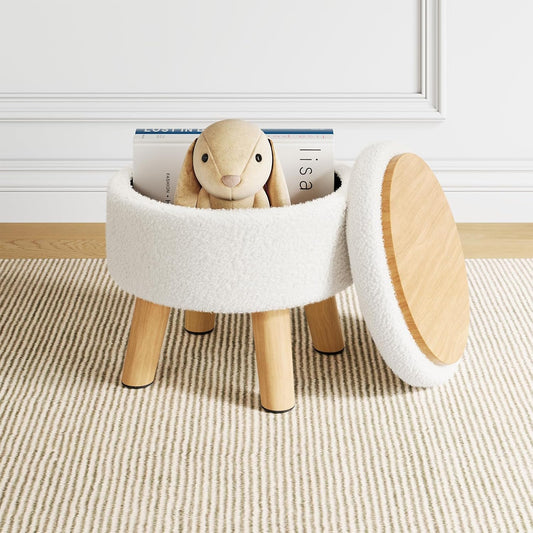 Small Ottoman Footrest, White Boucle Foot Stool, Round Pouf Ottoman with Storage, Teddy Velvet Foot Rest for Couch, Living Room, Nursery, Small Coffee Table Ottomans Stool