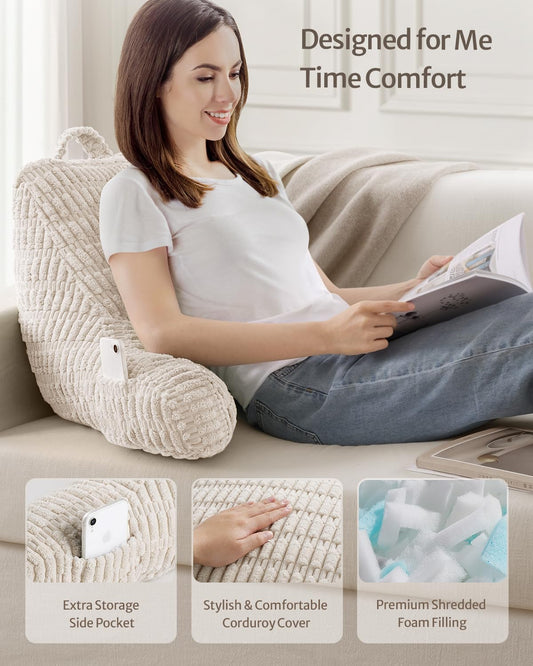 Shredded Memory Foam Reading Pillow with Arms — Pockets, Washable Cover, Bed or Couch