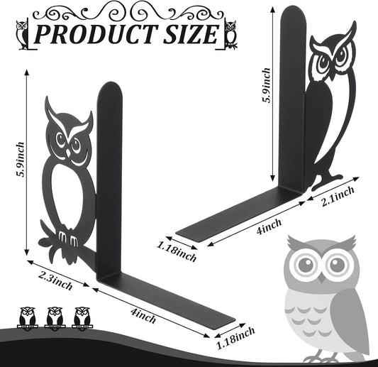 Geelin Owl Bookends for Shelves Decorative Metal Book Ends Set of 2 Styles Vintage Style Black Owl Design Heavy Duty Non-Slip Book Holders for Home Library Office Decor Gift for Reading Lovers