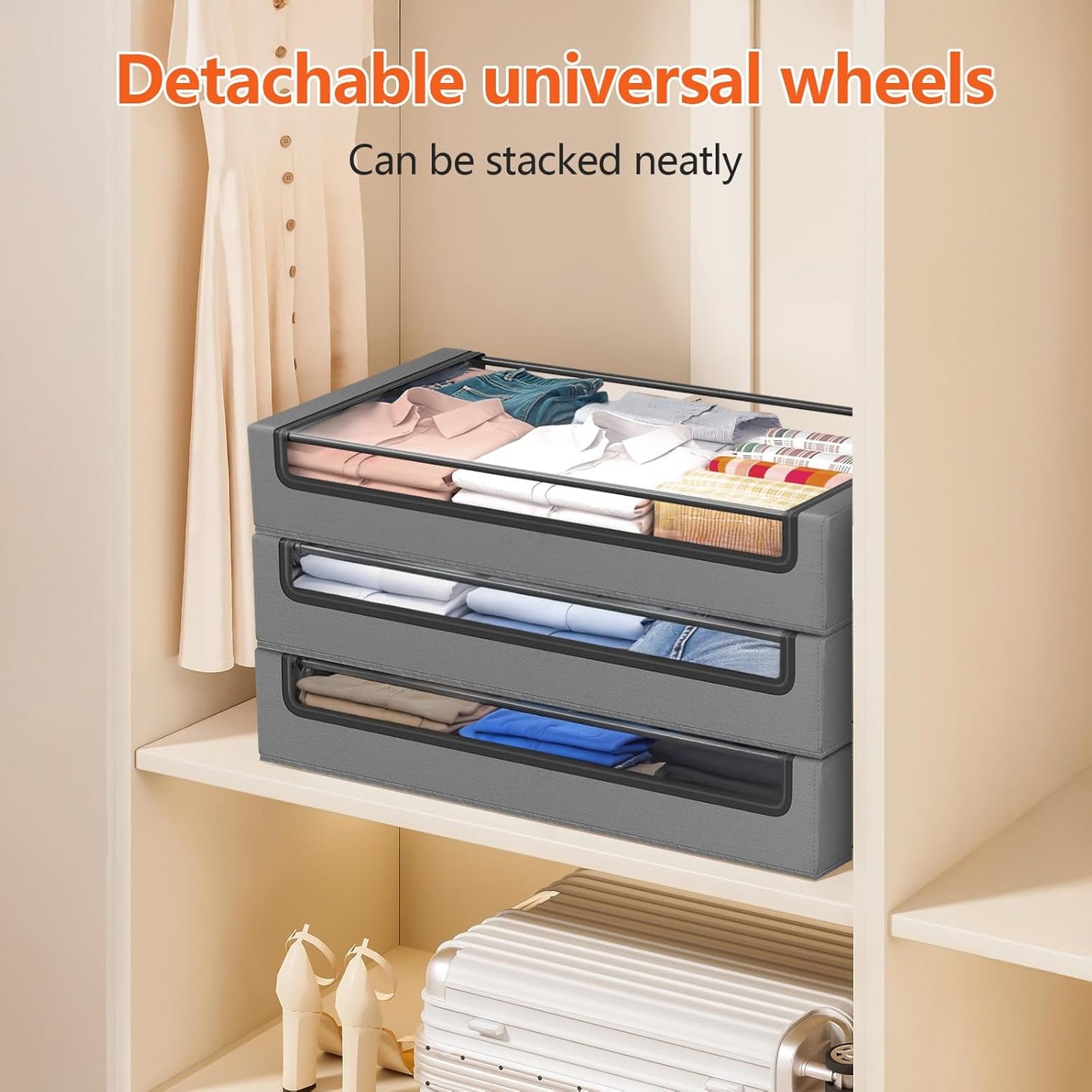 Under Bed Storage Containers with Wheels - Foldable Organizer Bins for Blankets, Clothes, Shoes, Toys, and Comforters.Capacity, Space Saving, Easy Pull Out, Clear PVC (Gray-2)