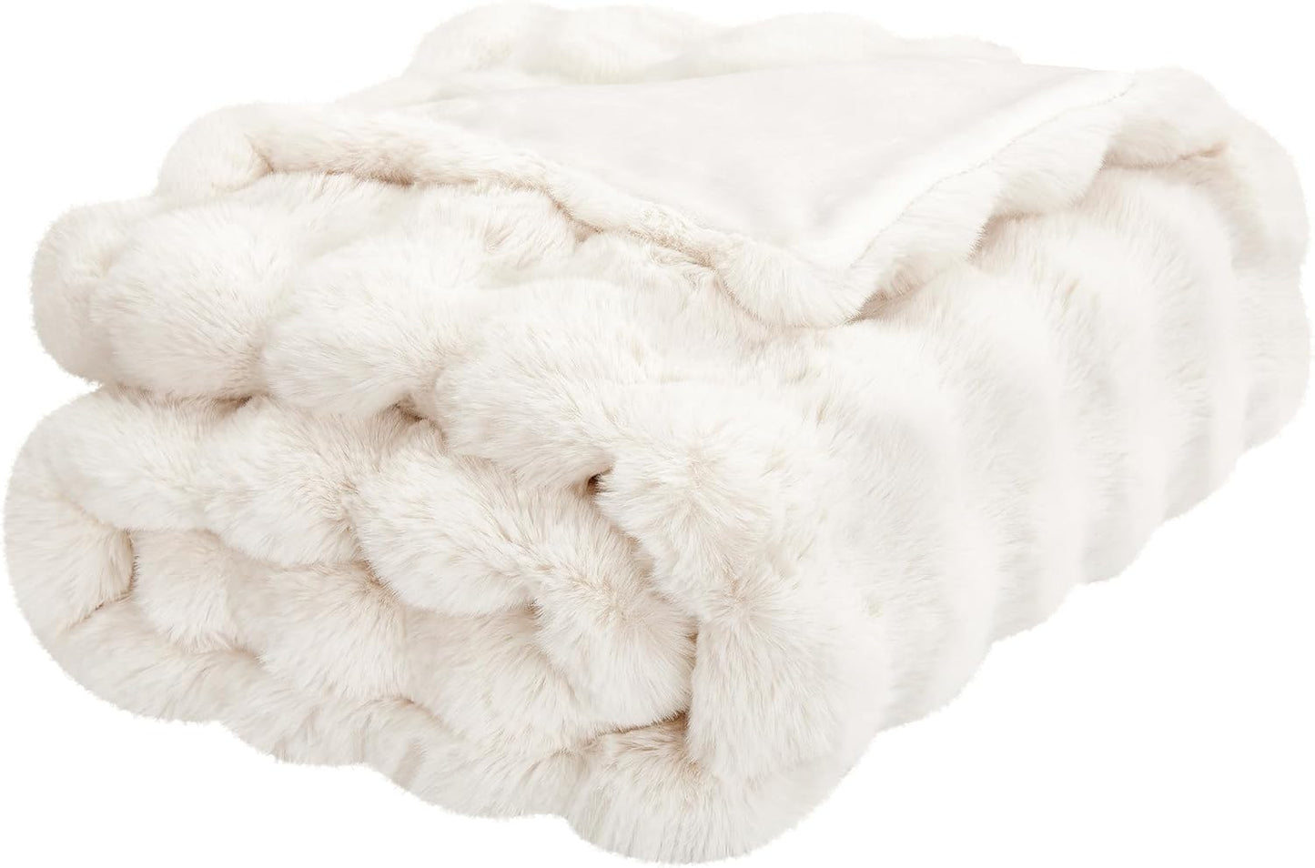 JONIYEAR Soft Fuzzy Bubble Faux Rabbit Fur Throw Blanket for Couch Chair 50" x 60", Reversible Textured Thick Warm Fluffy Blanket for Winter, Luxury Cozy Puffy Shaggy Comfy Furry Blankets, Cream White