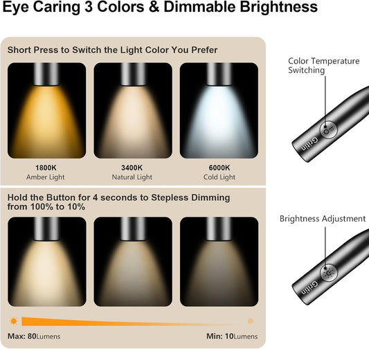 Gritin LED Neck Reading Light,Book Light for Reading in Bed-Eye Caring 3 Colors, Dimmable Brightness, Bendable Arms, 80+Hrs Runtime, Neck Round Design, Comfortable &Lightweight for Crafting, Knitting