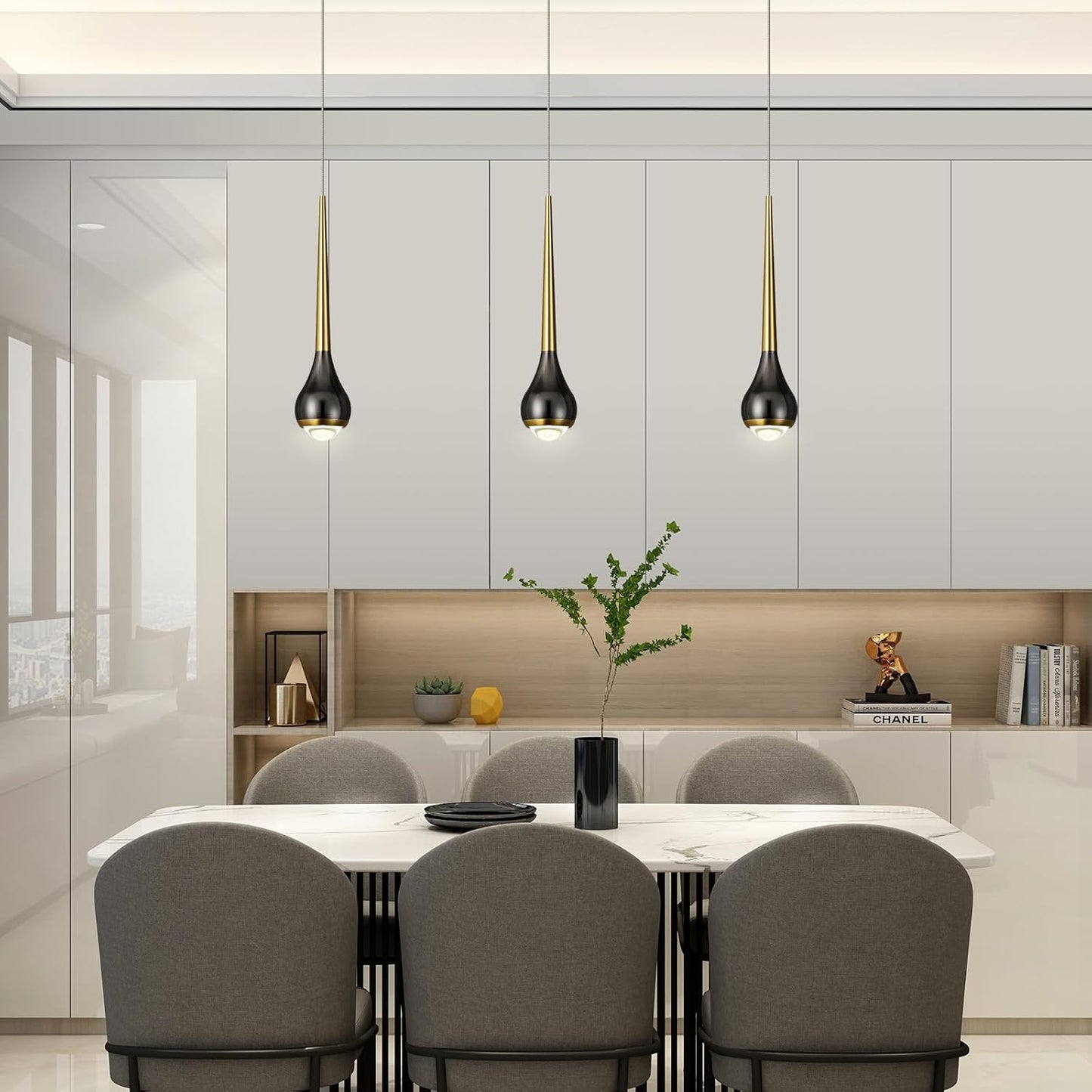 Modern LED Dimmable Pendant Light fixtures,Mini Black Gold Pendant Lighting for Kitchen Island Dinning Room,Bedroom,Bar, Kitchen Island Ceiling Hanging Light Fixtures(1-Pack)