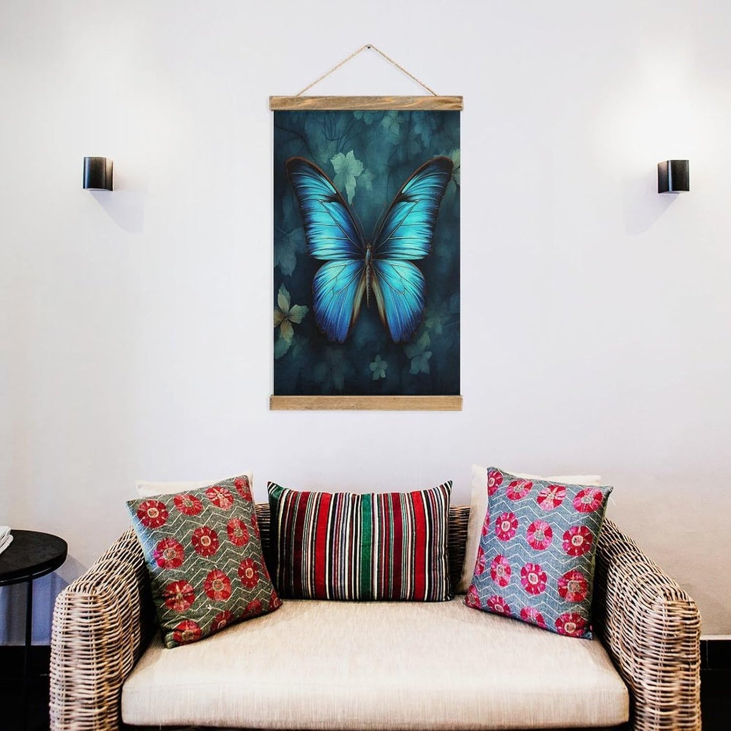 Vintage Blue Butterfly Pattern Poster with Wooden Frame Personalized Linen Hanging Scroll Painting Rustic Wall Hanging Illustrative Modern Artwork Decor for Home Living Room Bedroom Office