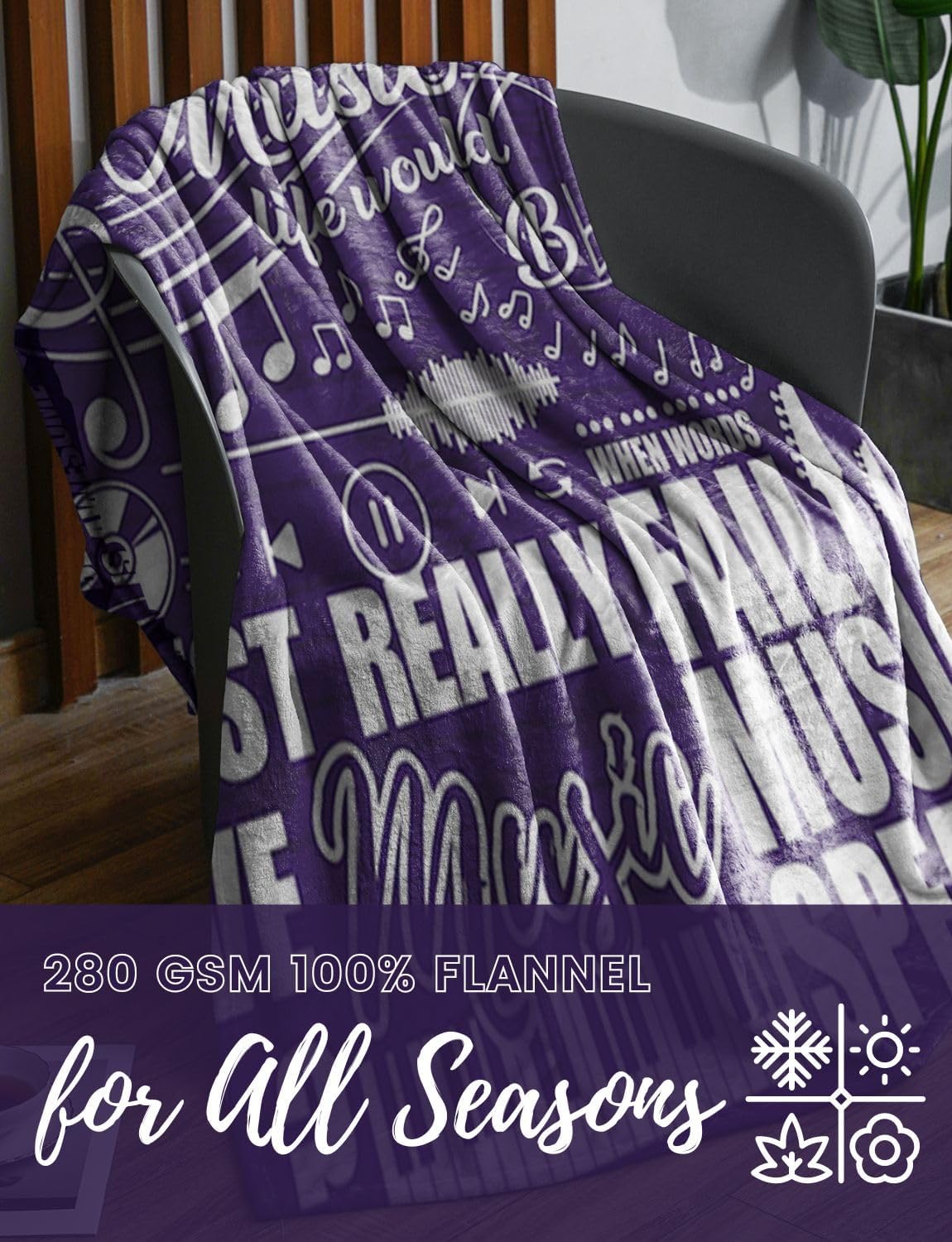 Music Gifts for Women Girls, Without Music Life Would Be Flat, Music Themed Blanket for Daughters, Coworkers, Music Teachers, Flannel Throw Blanket 50x65 Inches for Adults Teens, Purple