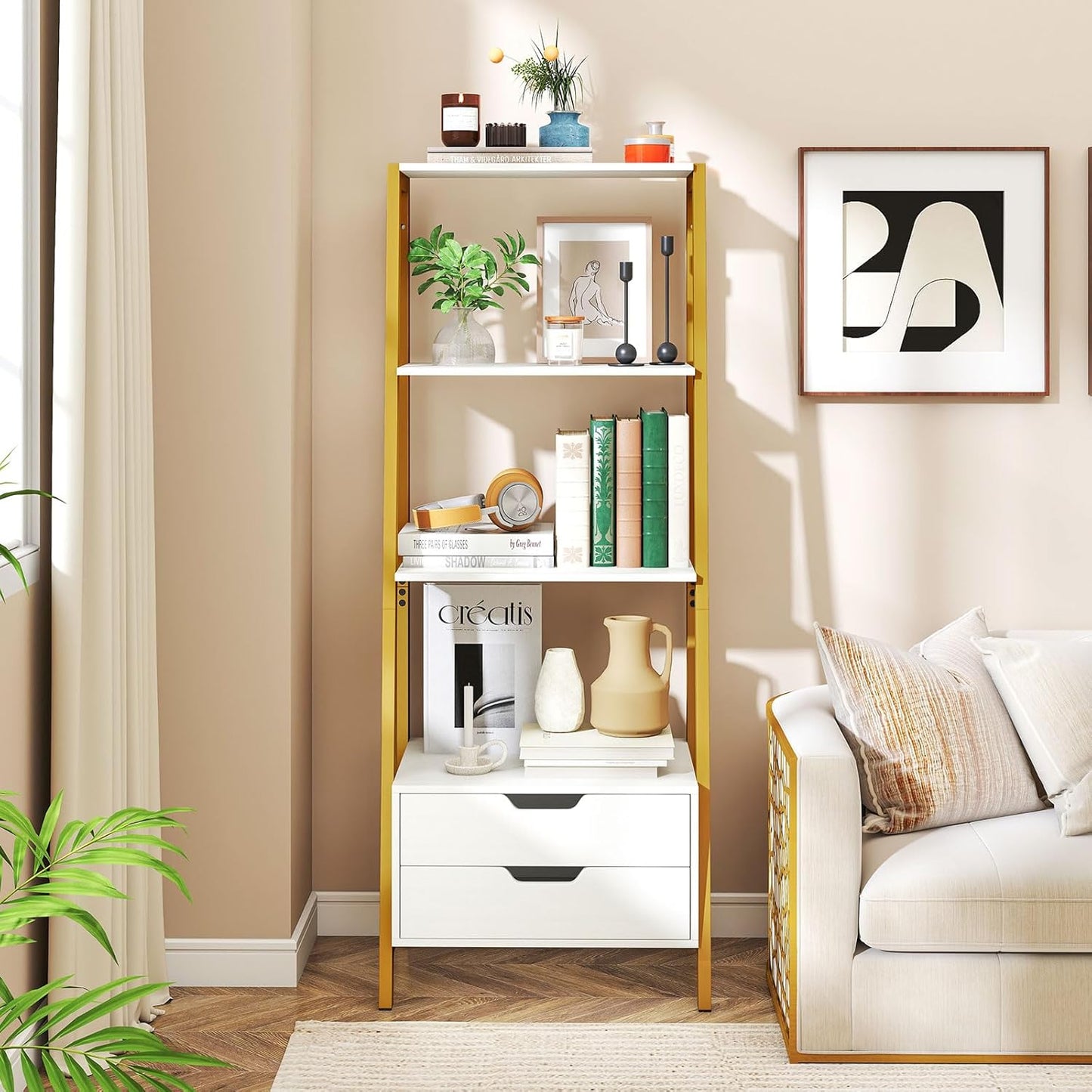 HOMGX 52.5” Tall Ladder Shelf, Industrial Freestanding Bookshelf with 2 Drawers, Heavy-Duty Metal Storage Shelving Unit for Living Room, Bedroom, Office, Study (White & Gold)