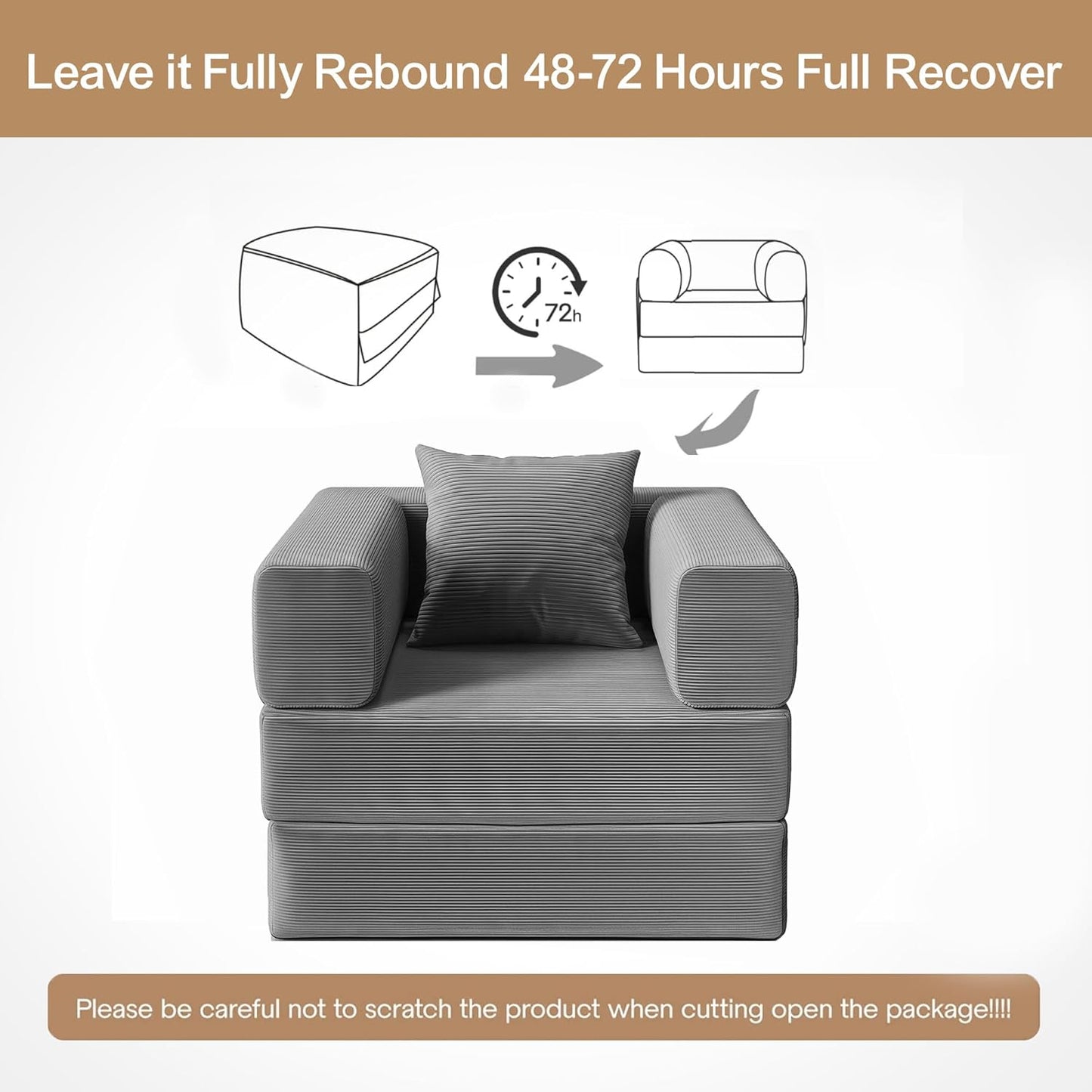 2-in-1 Floor Foldable Sofa Couch Convertible Sleeper Chaise Lounge Chair Indoor Portable Fold Out Futon Mattress with Back Support for Living Room,Bedroom (Gray, 35.43" Single Sofa)
