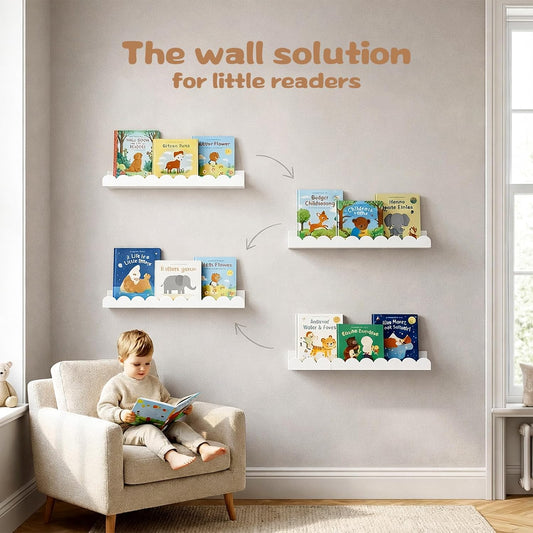 Nursery Floating Shelves for Kids Room, 2 Pack 23.6 Inch White Wall Shelves with Scalloped Edge, Kids Bookshelves for Toddler Bedroom, Playroom, Baby Nursery Decor
