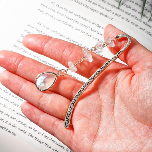 Vintage Metal Bookmark Pendant with Opal Drop Shell&Clear Quartz Crystal Stones Bead Chain-Elegant Opal Bookmarks for Women,Men,Book Lovers,Teachers and Girls(Silver)
