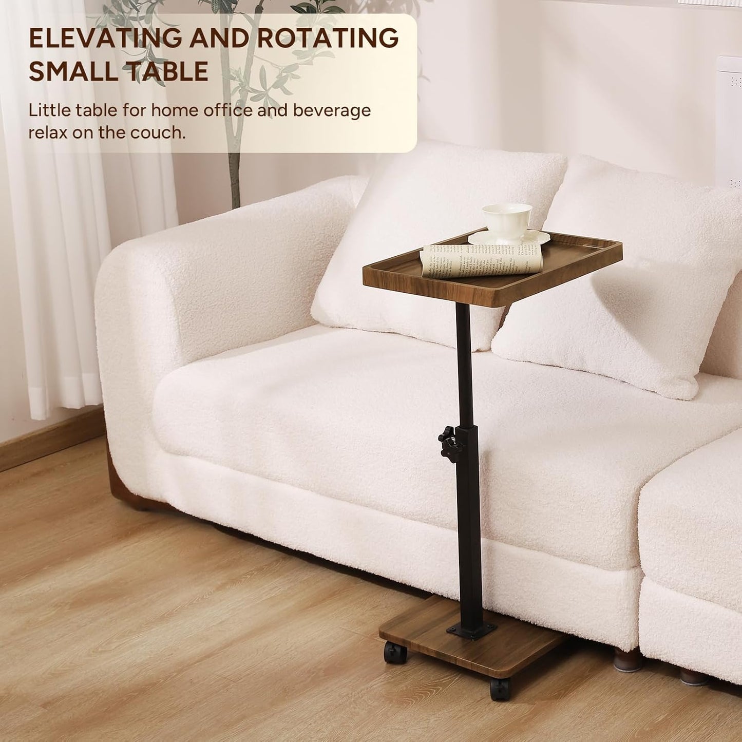 Adjustable C Table End Table, Side Table C Table with Wheels,360° Rotatable (20.7-34.9inches) Height Adjustable for Sofa/Bed/Bathtub, Walnut Wood & Black (15.7x11.8)