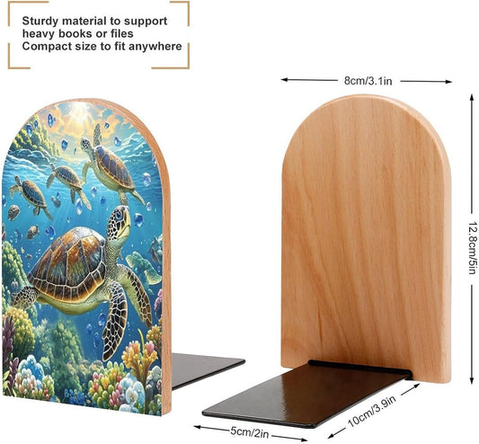 Sea Turtles Diamond Painting Bookends 1 Pair Heavy Duty Book Ends for Shelves Non-Skid Bookend Supports Wooden Book Holders with Metal Base Desk Organizers Books Storage to Hold Books