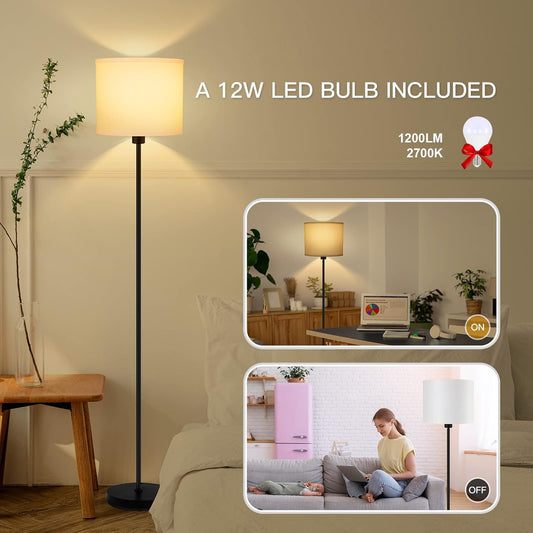 Floor Lamps for Bedroom, Small Standing Lamp with Bulb(12W, 2700K), White Lampshade, Foot Switch, Simple 59" Tall Pole Lamps for Kids Room/Girls Room/Boys Gift/Living Room/Classroom, Boho Reading Lamp