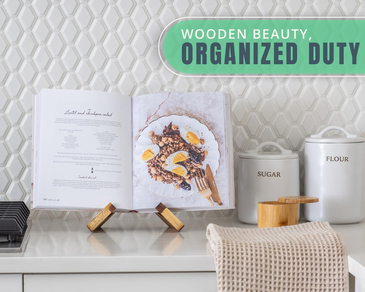 Comfify Acacia Wood Cookbook Stand – Rustic Recipe Book Holder for Countertop – Vintage Brown