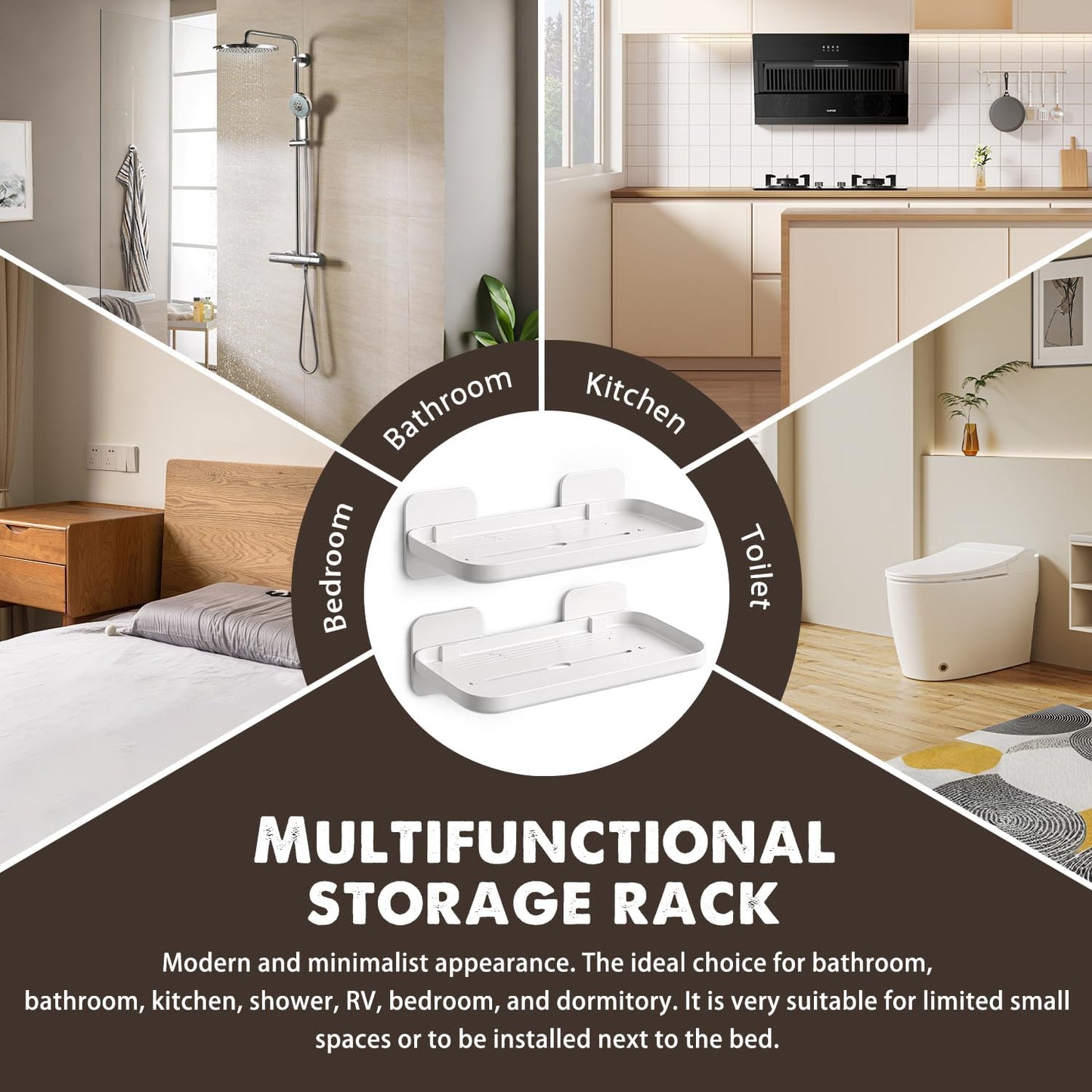 2 Pack Adhesive Floating Shelves No Drill Small Floating Shelf for Wall Storage Damage-Free Wall Mounted Organizer for Bathroom, Kitchen, Bedroom & Office (White)