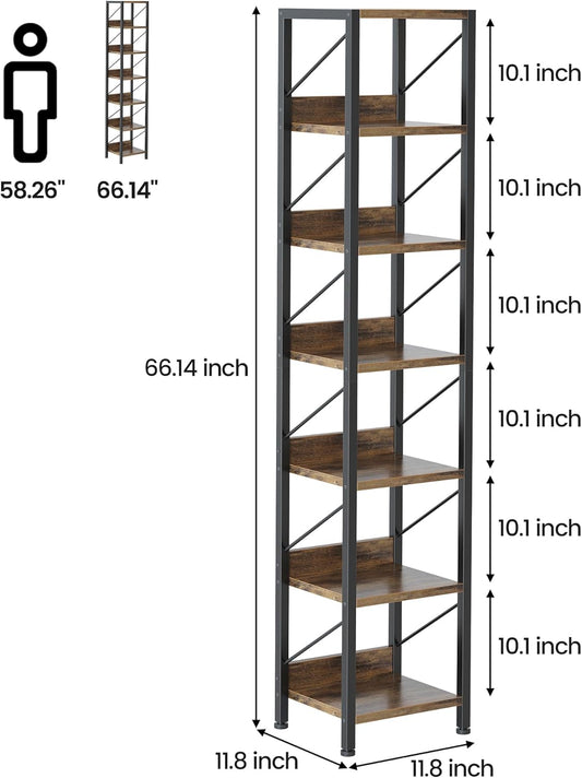 IDEALHOUSE Narrow Bookshelf Tall Skinny Bookcase 6 Tier Storage Rack Rustic Corner Shelf Metal Frame Small Freestanding Bookshelves Industrial Display Stand for Bedroom, Living Room, Home Office