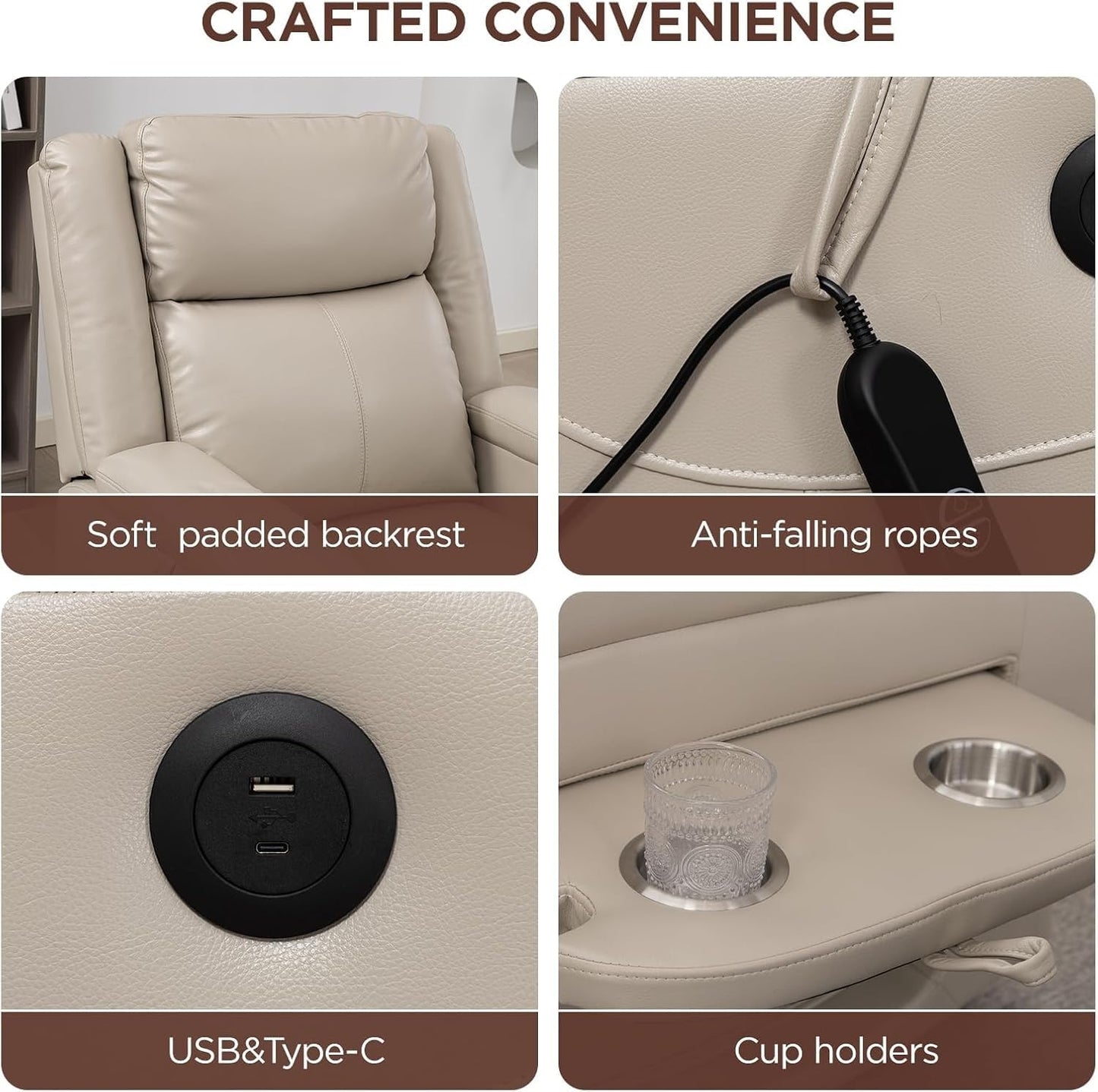 Power Lift Recliner Chair with Two Cup Holders Extended Footrest USB Type-C Charge Ports Electric Lay Flat Reclining Chairs for Living Room Bedroom Meeting