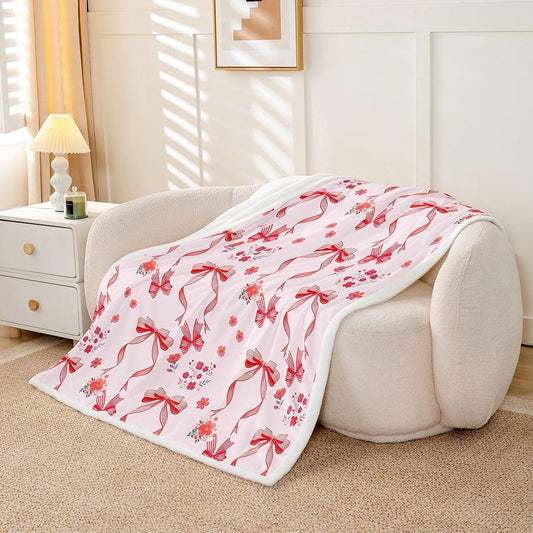 Feelyou Pink Bow Throw Blanket Cartoon Floral Soft Fleece Sherpa Cozy Fuzzy Plush Warm Bowknot Fuzzy Plush Throw Princess Bow Tie Throw 50"x60" for Bed Couch Living Room