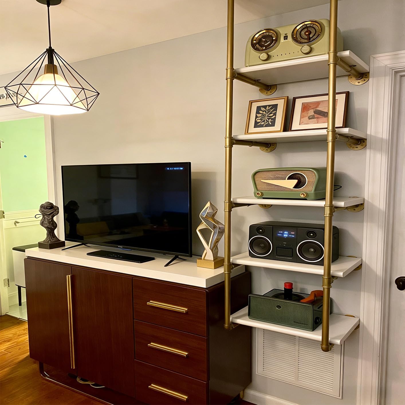 Gold Industrial Wall Mount Iron Pipe Shelf Bracket,Retro DIY Open Bookshelf,Storage Shelves, Ceiling hung Shelves for Home Kitchen Bathroom Living Room Office(2PcsX5Tier,68"Tall,10"deep,Hardware Only)