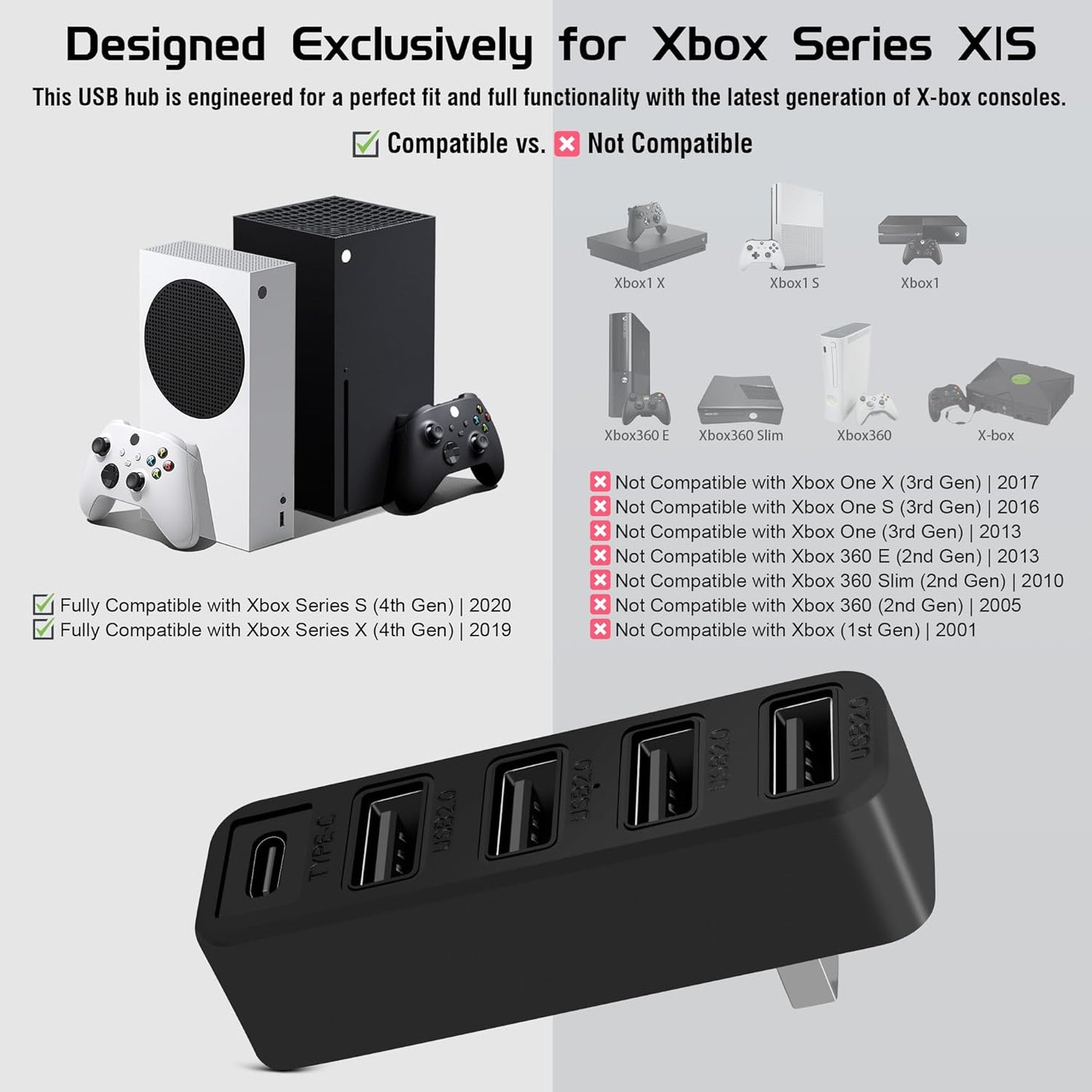 Joso 5 Ports USB Hub 2.0 for Xbox Series X & S, USB Splitter Expansion Adapter with Type-C for Controller Charger, Keyboard, Mouse & More - Black