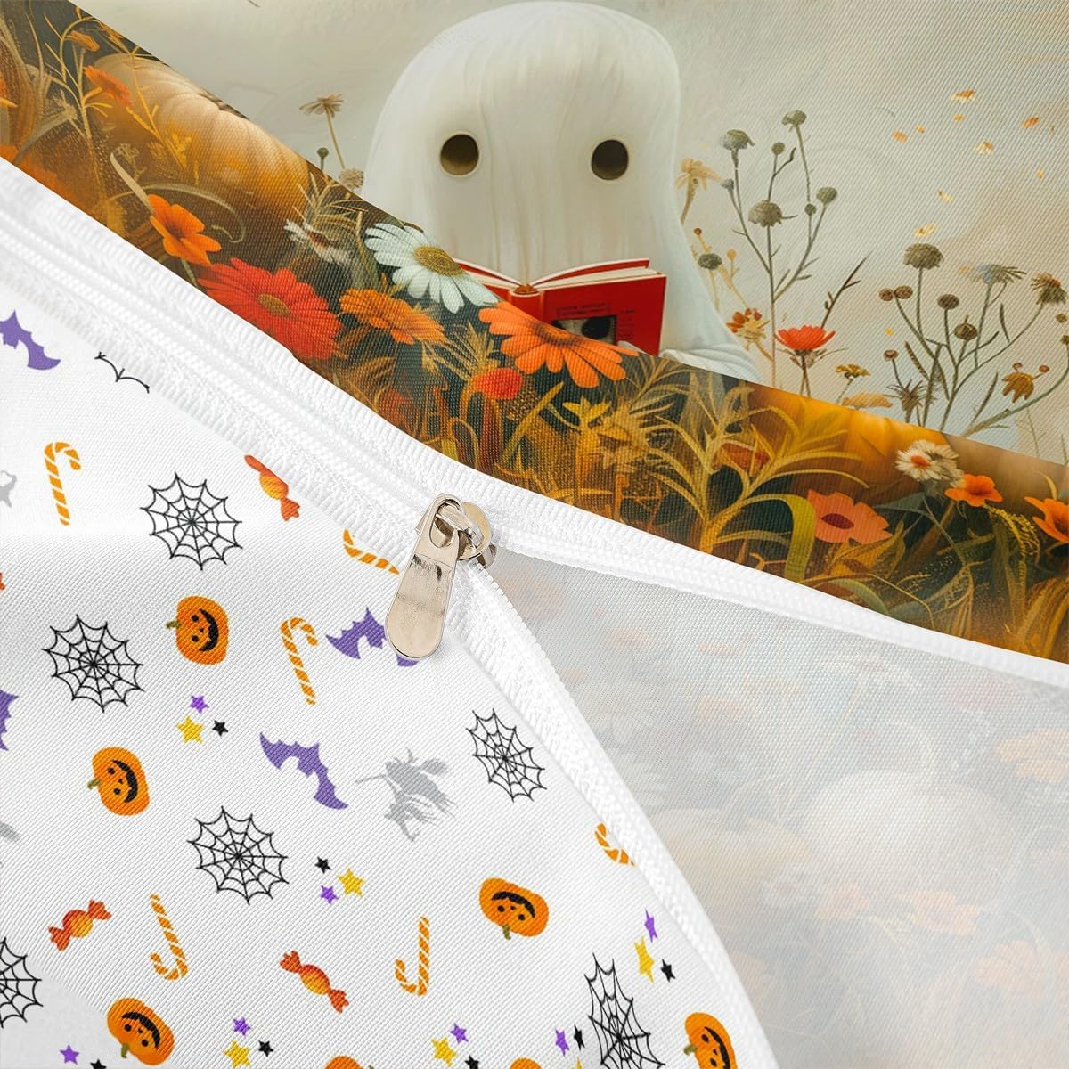 Manfei Reading Ghost Duvet Cover Set Twin Size,Autumn Pumpkins Flower Bedding Set 2pcs,Cute Halloween Theme Quilt Cover,Kids Boys Girls Room Decor,1 Pillowcase,No Comforter