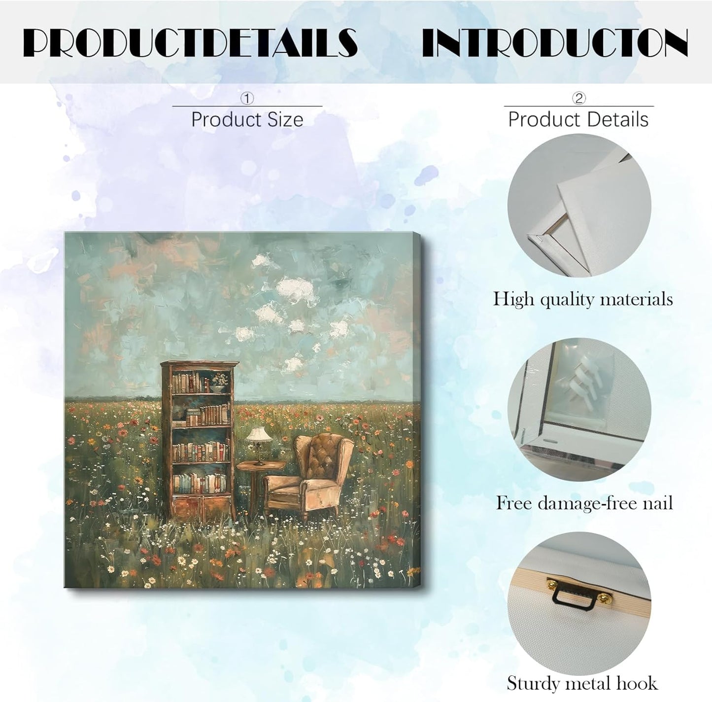 LSXARTQQ Vintage Book Nook Wall Art Whimsical Impressionist Flower Field Wall Decor Retro Book Club Home Library Decor Painting Picture Rustic Farmhouse Bookish Themed Canvas Print (12x12inch)