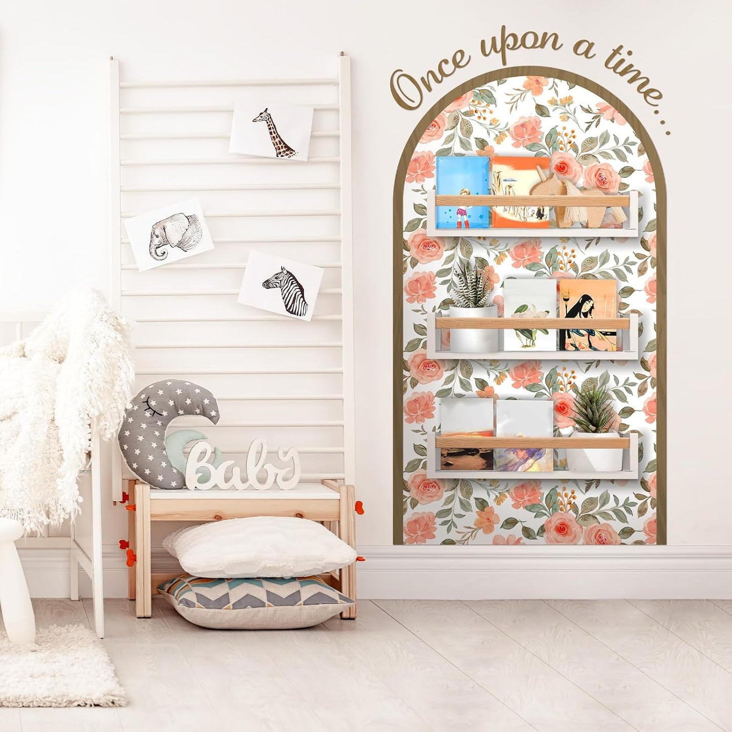 Pinkunn Flower Arch Wall Decals with Wooden Book Shelves Once Upon a Time Sign Decals Peel Bedroom Reading Corner Decor Hanging Decor for Family Wall Bookshelf Bedroom Living Room
