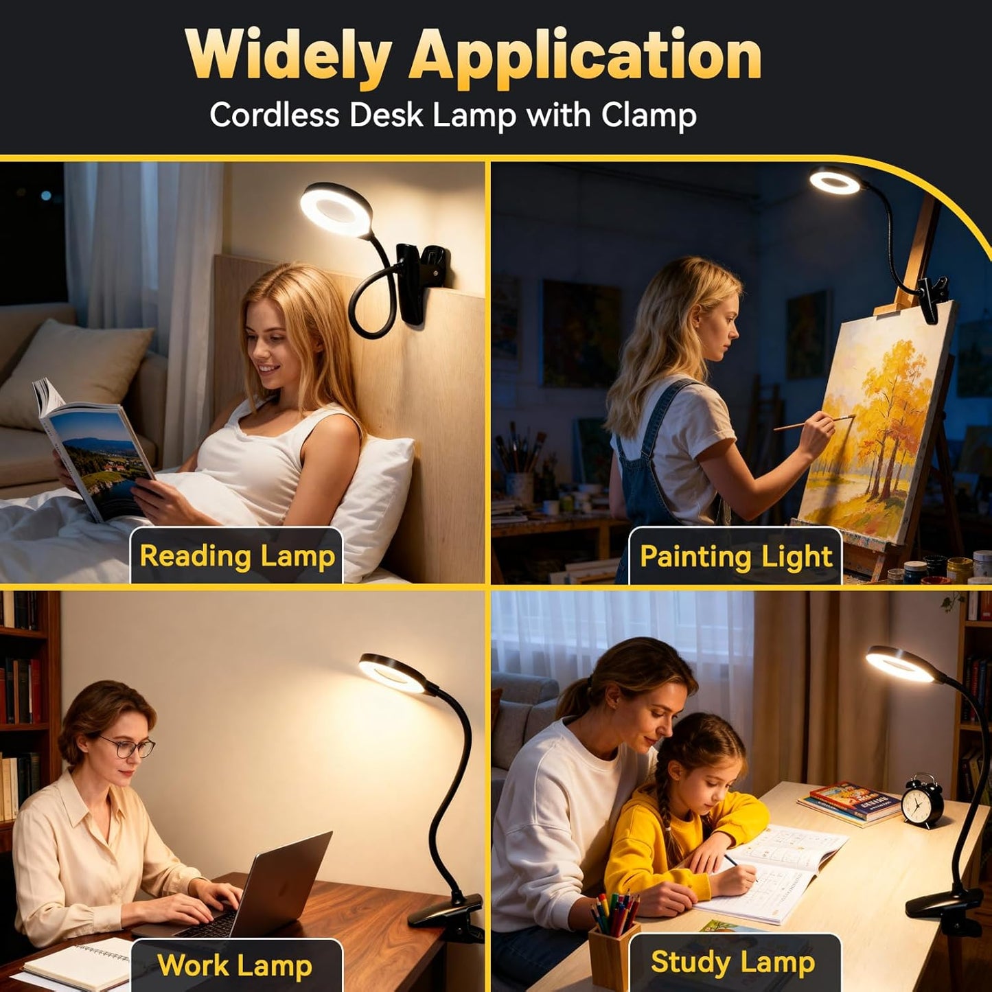 Clip on Reading Light for Bed Headboard, Rechargeable Battery with Large Clamp, 5 Colors & 5 Brightness Flexible Neck Desk Lamp, Eye Protection LED Touch Control Book Light for Kids, Bunk Bed, (Black)
