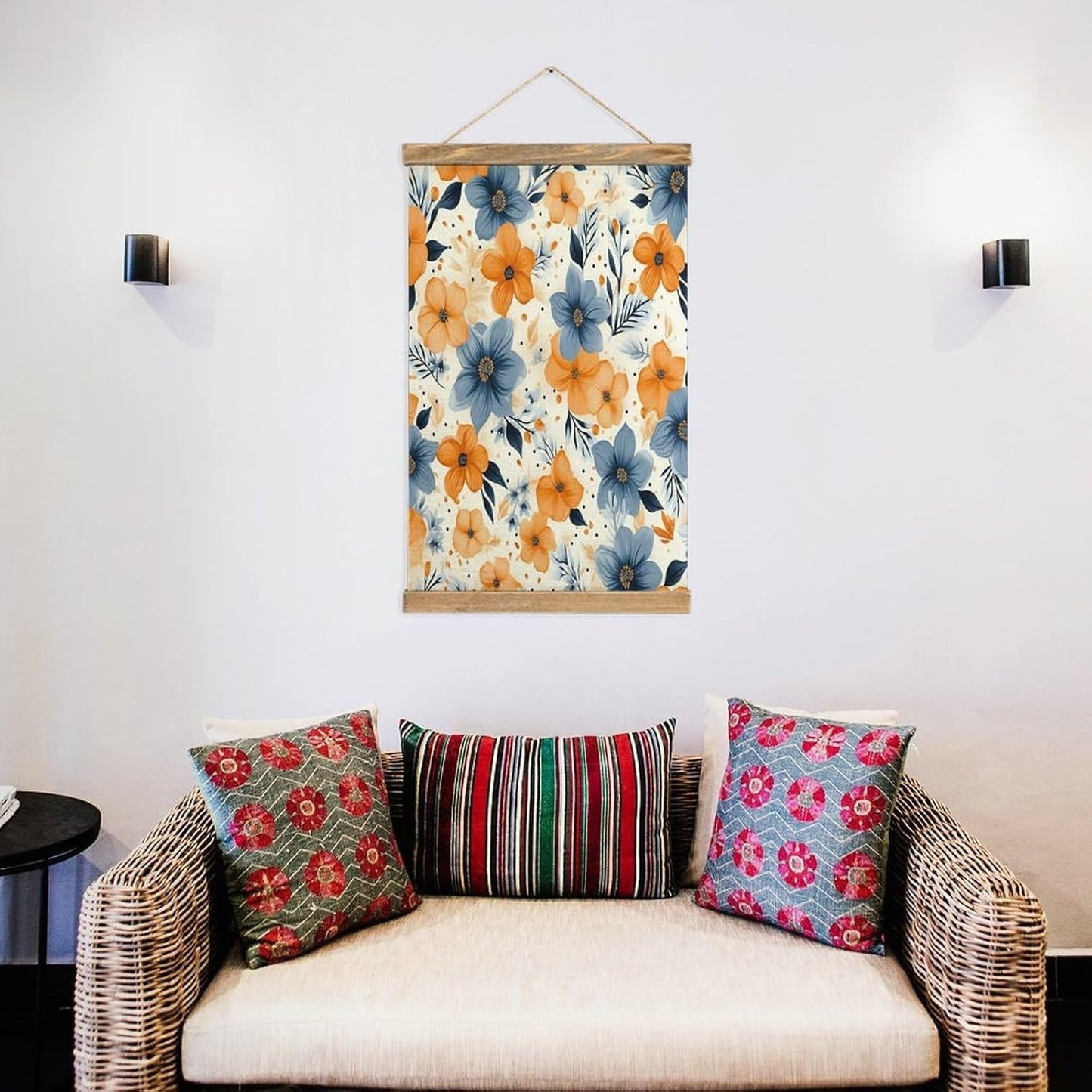 Vintage Blue And Orange Flowers on White Background Poster with Wooden Frame Personalized Linen Hanging Scroll Painting Rustic Wall Hanging Illustrative Modern Artwork Decor for Home Living Room Bedro
