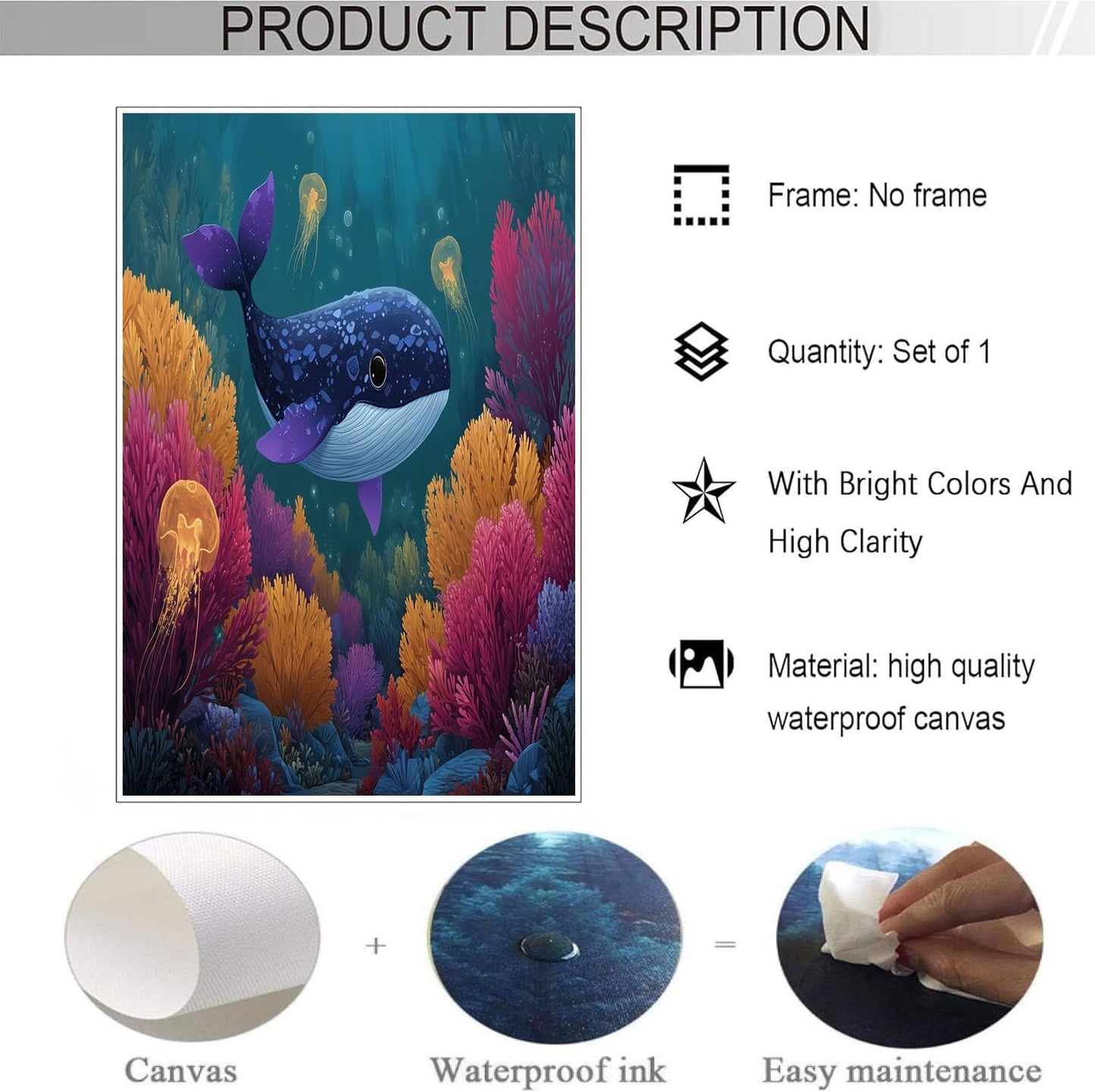 GDJSMIN Cartoon Style Wall Art, Ocean Cute Little Blue Whale Poster for Reading Room Living Room Decor 16x 24 inch Unframed