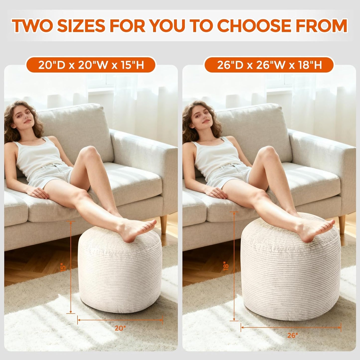 Pouf Ottoman Foot Rest, Comfortable & Soft, Round Footstool for Living Room, Bedroom, Office, Room Decoration, Corduroy Foot Stool Pouf with Odorless & Anti-Clump Filling, Large Beige