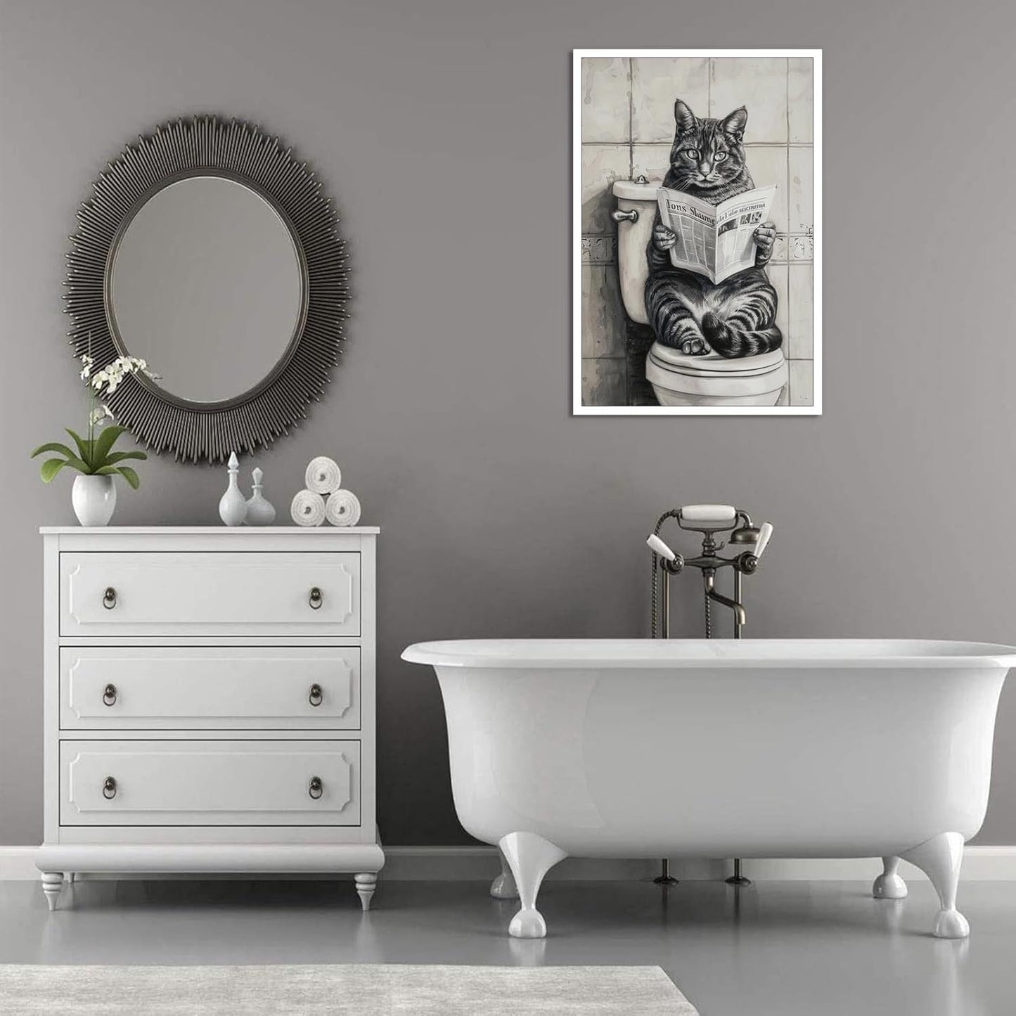 Black And White Bathroom Canvas Wall Art Funny Cat Reading Newspaper Poster Retro Abstract Cute Animal Picture Prints Painting For Home Bathroom Toilet Restroom Wall Decor 12x16in Unframed