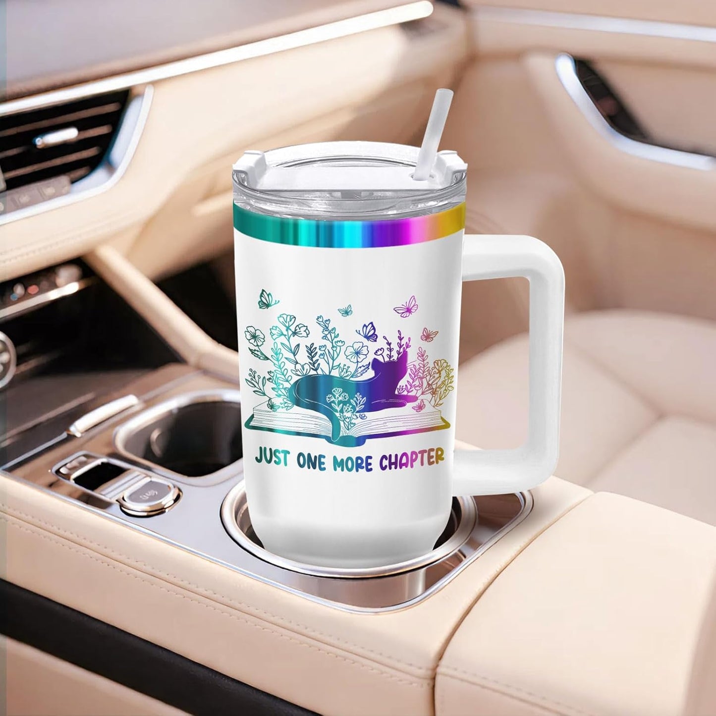 34HD Engraved Cat Mom Tumbler with Handle and Straw, 40oz Cute Gradient Book Cup Stainless Steel, Bookworm Coffee Mug, Cat and Book Birthday Gifts for Women Men Friends