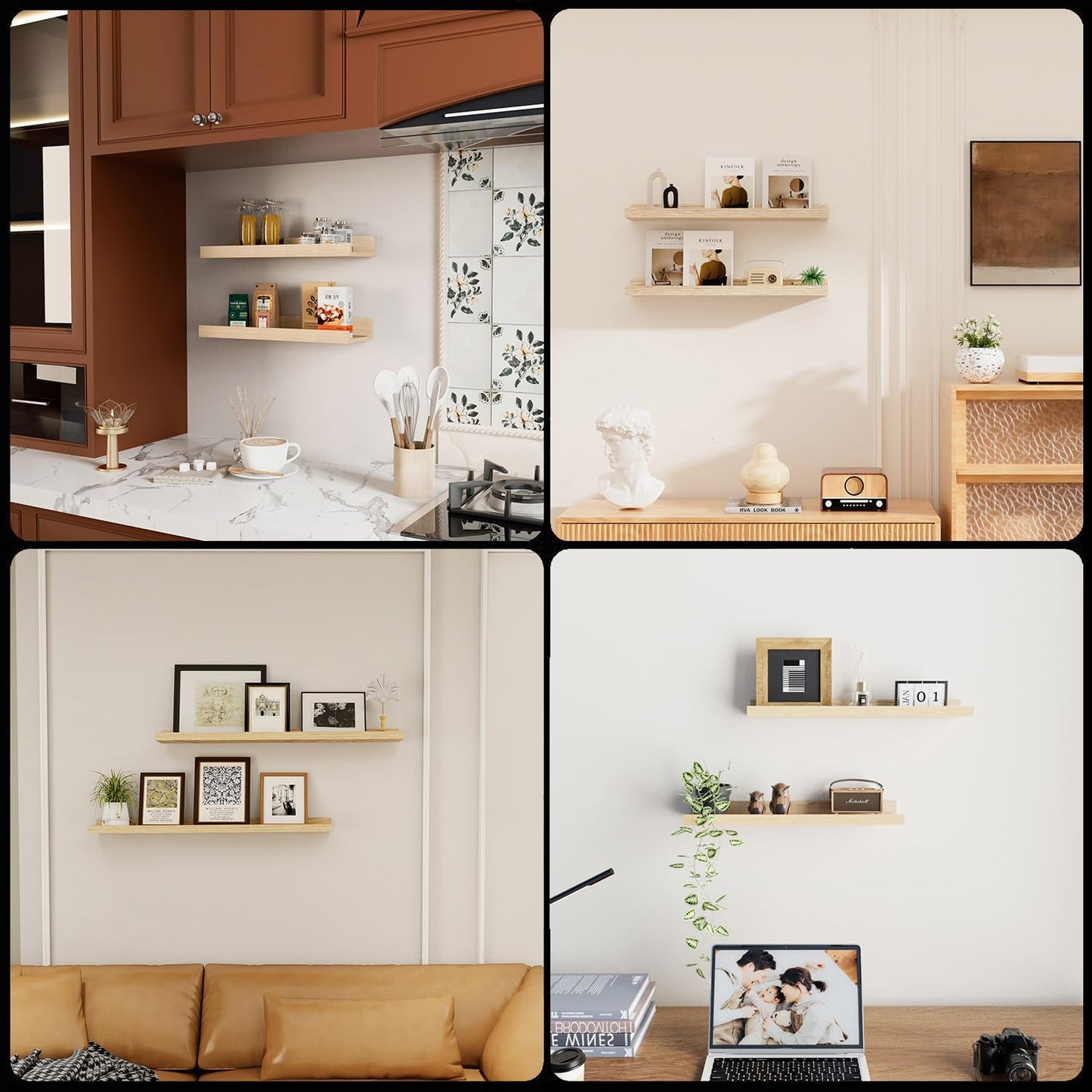 16inch Floating Picture Ledge Shelves 2-Pack, Oak Wall Mounted Shelves with Lip for Nursery, Kids Room, Living Room & Bedroom, Sturdy Floating Book Shelves for Photo Frames & Decor