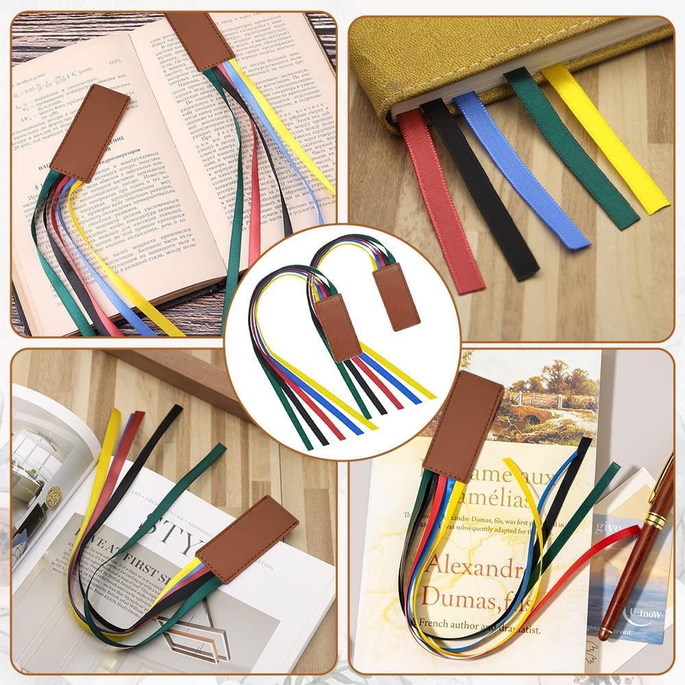2 Pcs Bible Bookmark, Colorful Ribbon Bookmark, Artificial Leather Bible Ribbons Bookmarks, Page Markers with 5 Ribbons Colors for Books Novel Bible, Reading Lovers Students Teachers, Valentines Gift
