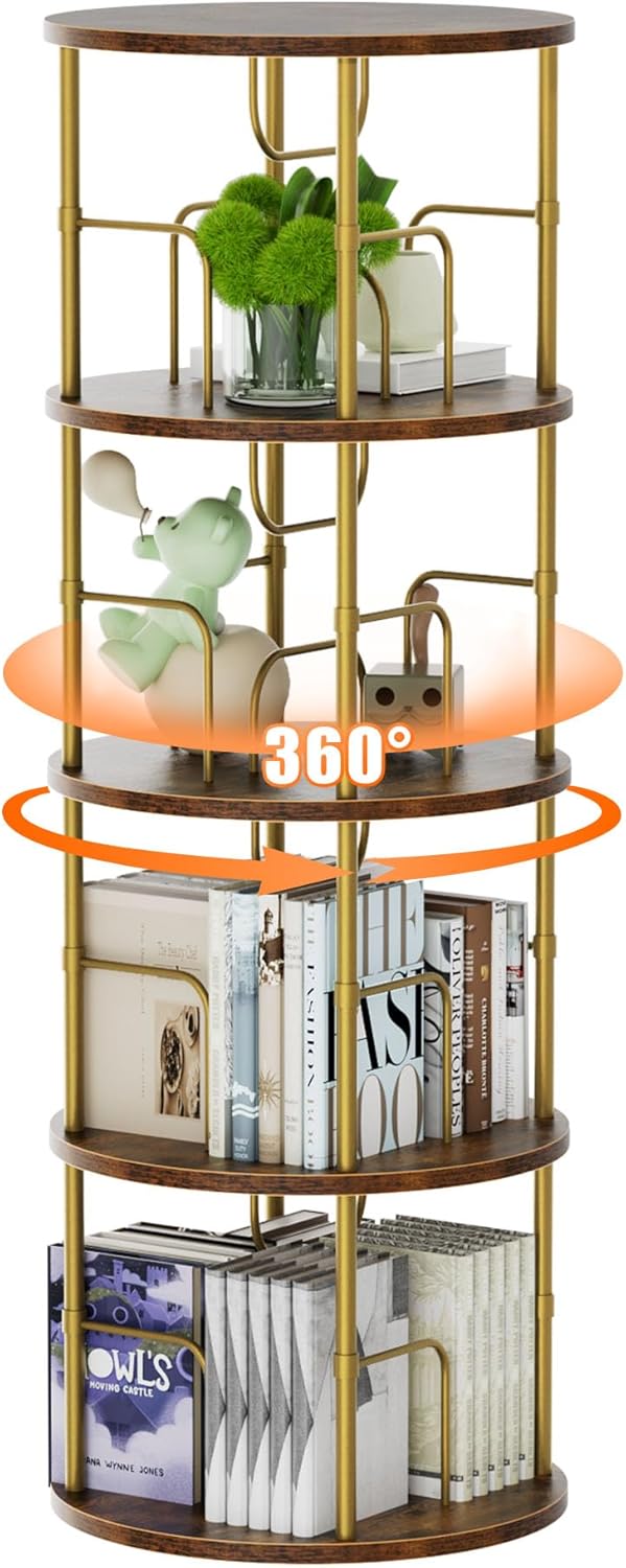 Flycity 4 Tier Rotating Bookshelf, 360° Corner Bookshelf Tower, Round Revolving Bookcase with Special Visible Partition Storage, Narrow Book Shelf Organizer for Living Room, Small Space, Gold