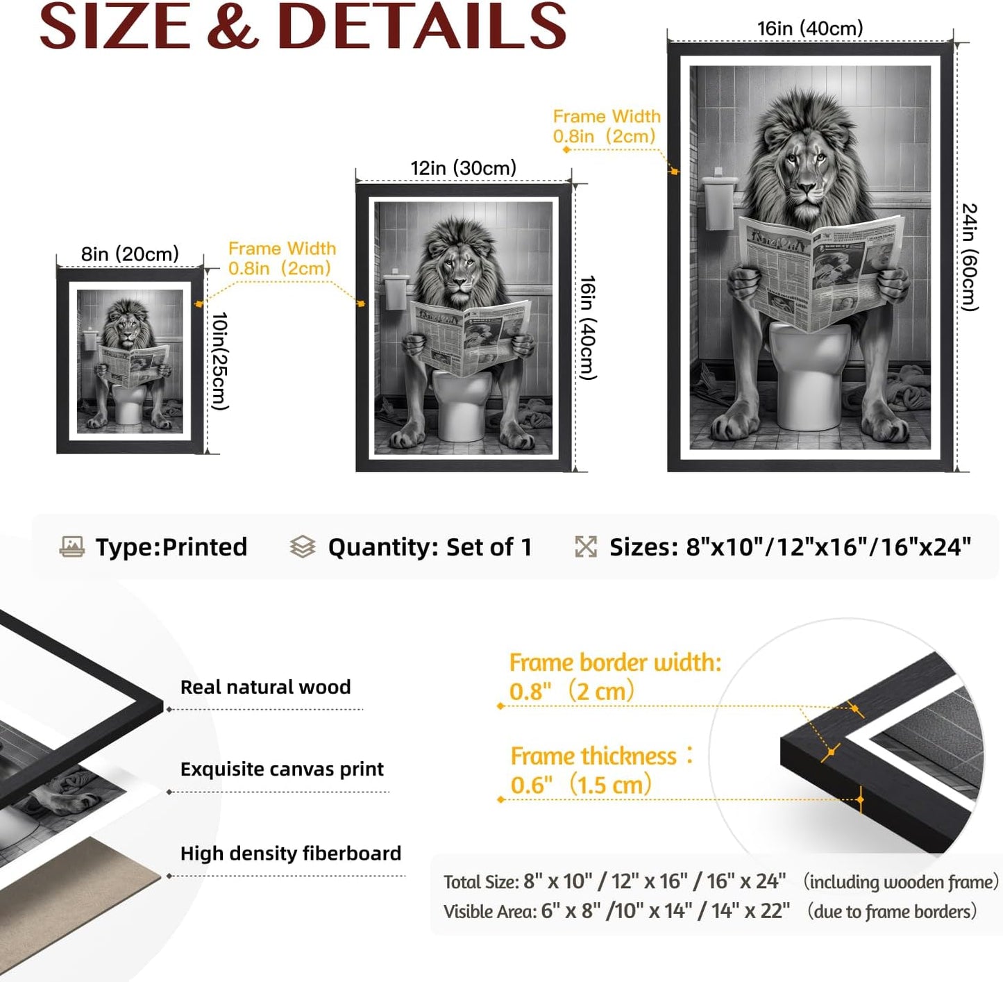 LERVR Wood Framed Funny Lion Bathroom Wall Art, Lion Reading Newspaper Toilet Wall Decor, Black and White Bathroom Canvas Print, Whimsical Animal Aesthetic Picture for Powder Room Restroom 12x16 Inch