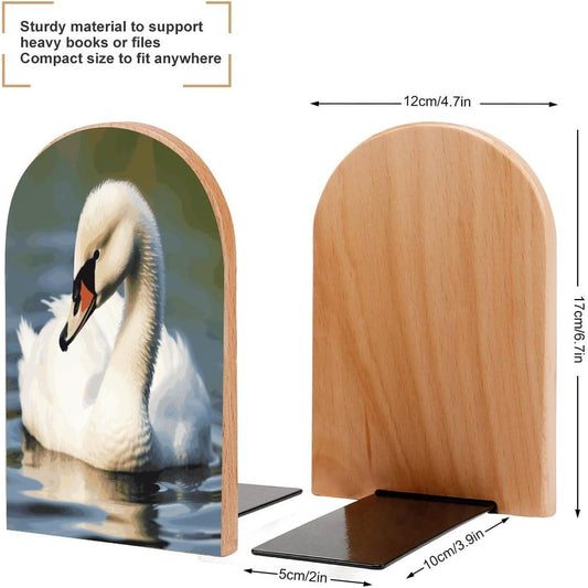 Non-Slip Bookend for Shelves Cute Little Swan Wooden Bookends with Metal Base Decorative Book Stopper for Home Heavy Duty Wood Book Storage for Books/CDs
