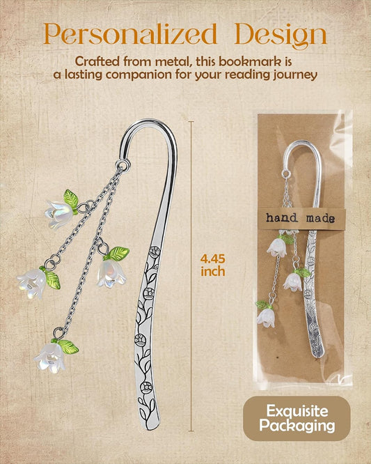 Buleens Bookmarks for Women Reading - Book Marks for Readers Book Lovers, Cute Sliver Lily Floral Personalized Metal Bookmark with Pendants, Pretty and Aesthetic Book Accessories Reading Gifts