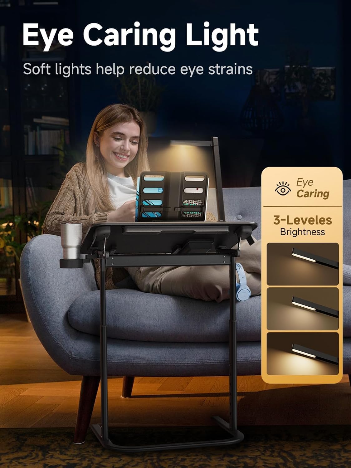 SAIJI XXL Extra Large TV Tray Table,Height & Tilt Adjustable Heavy Duty TV Trays for Eating, Working, Writing,Drawing, Recliner Table Couch Desk with LED Light, Cup Holder, Bookstand