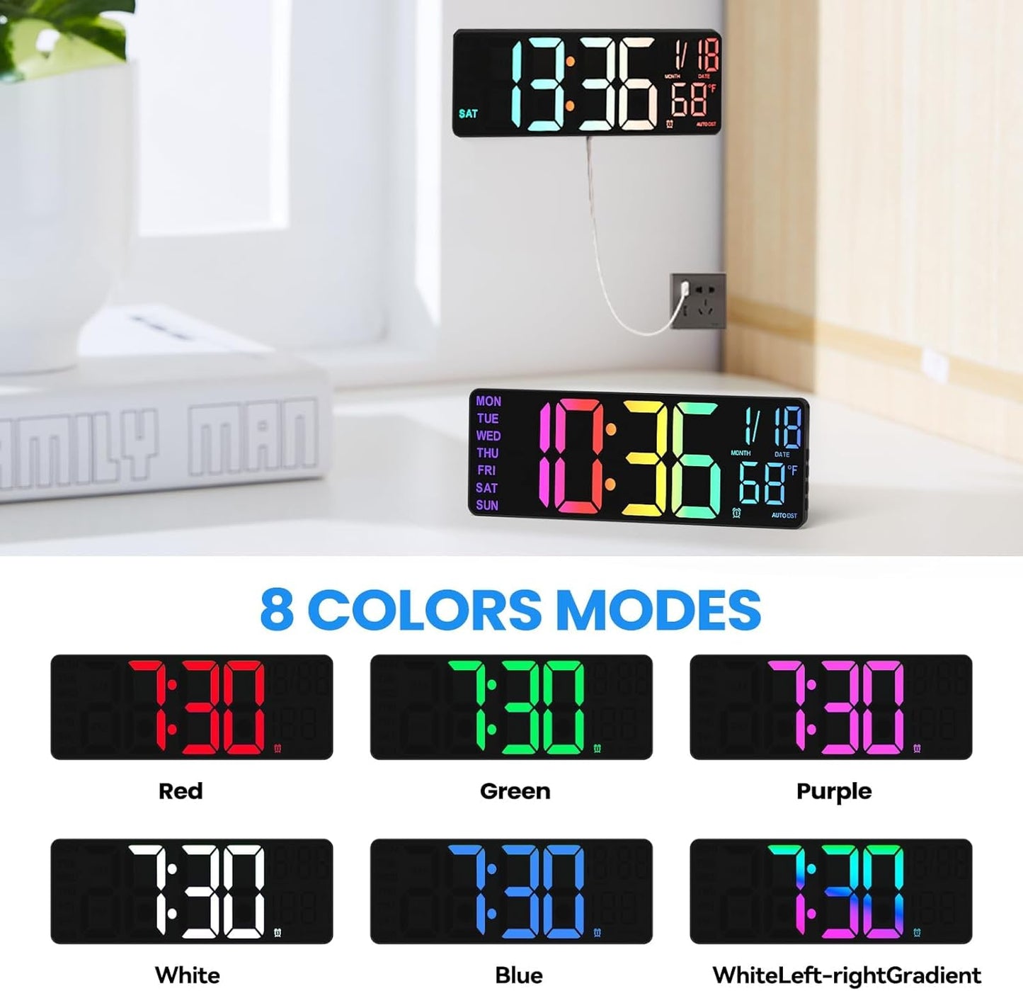 13" Digital Wall Clock with Night Light,8 RGB Color,Dual Alarms with Large Display, Dimmer, Auto DST, Voice Control, Auto Time Sync,Remote Control for Living Room Bedroom,Gift for All Ages