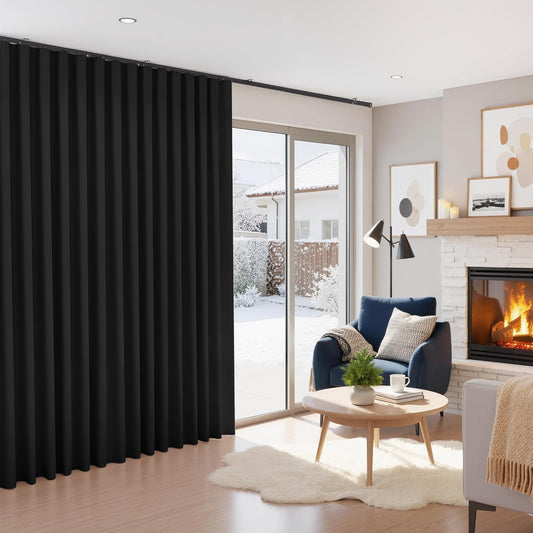 RYB HOME 100% Blackout Room Divider Curtain, Thermal Insulated&Privacy Assurd Extra Wide Curtain for Bedroom/Sliding Door, Back Tab&Rod Pocket Drape with Hooks for Ceiling, W100xL84, Black, 1 Panel
