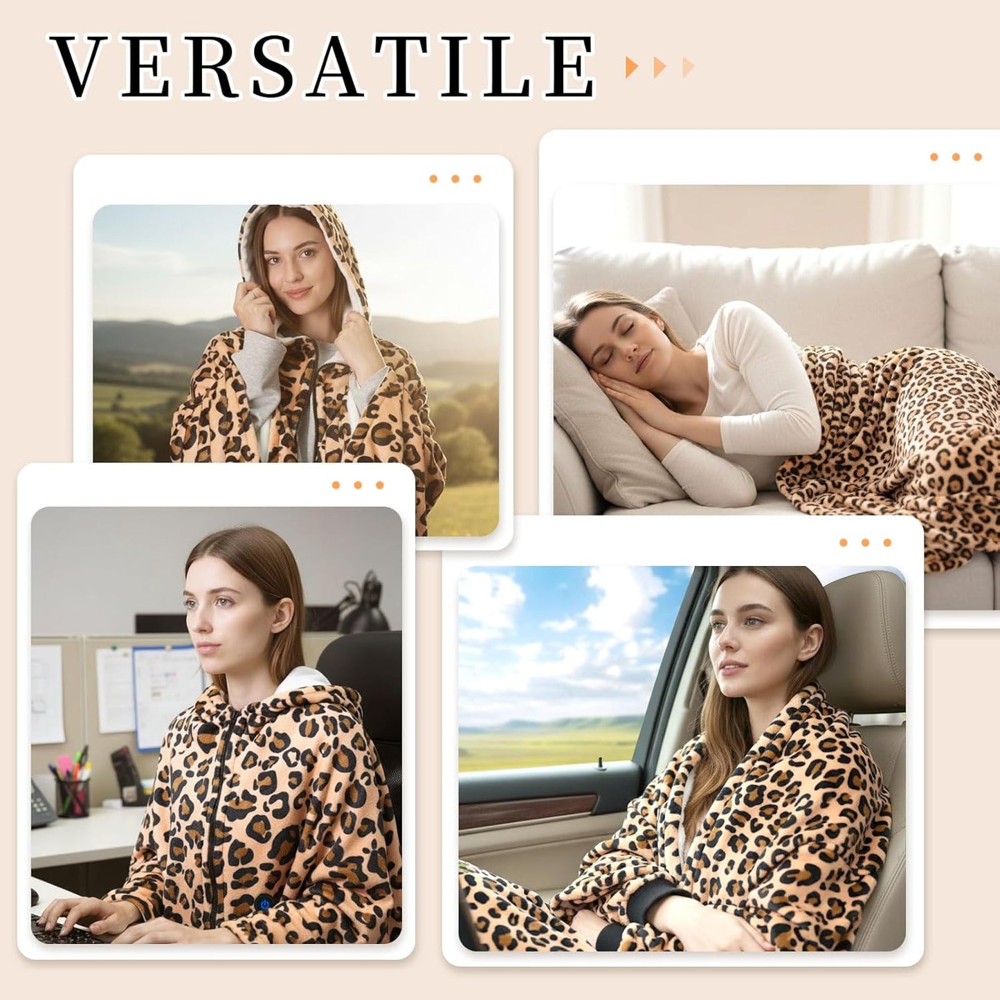 USB Heated Blanket Type-C Heated Hoodie Throw Blanket Electric Shawl Leopard Print 1 Heating Level Wearable Soft Heating Shawl for Neck & Shoulder, Winter Gifts for Women Travel,Camping,Bed