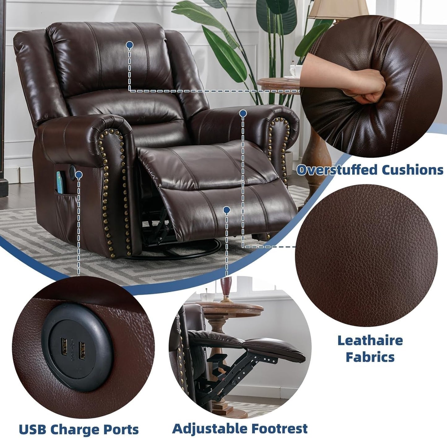 Modern Power Recliner Chair with Heat & Vibration Massage, 360° Swivel Rocker Reclining Seat for Adults, USB Charging Ports, Side Pockets, Comfortable Electric Recliner