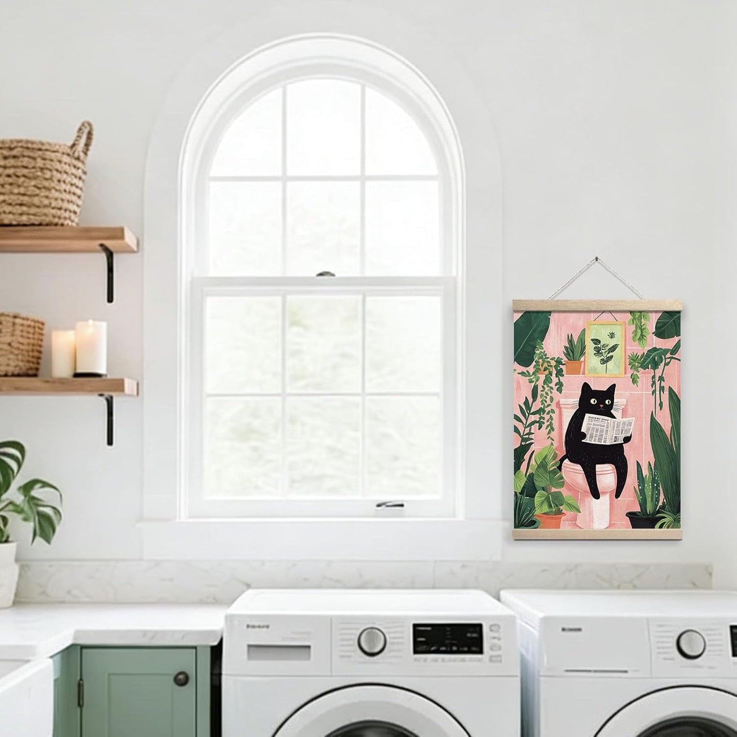 GOVGRTB Funny Black Cat Bathroom Canvas Wall Art Cat Reading Newspaper On Toilet Pink Green Plant Artwork,Vintage Wall Art for Bathroom Bedroom Living Room,Cat and Plant Lovers Wall Decor 12x16 Inch