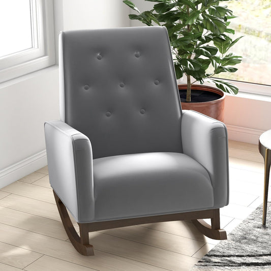 100% New 1pc Light Grey Fabric Solid Wood Rocking Chair for Living Room Bedroom Reading Nursery,36.6" H x 27.5" W x 39" D Accent Chair