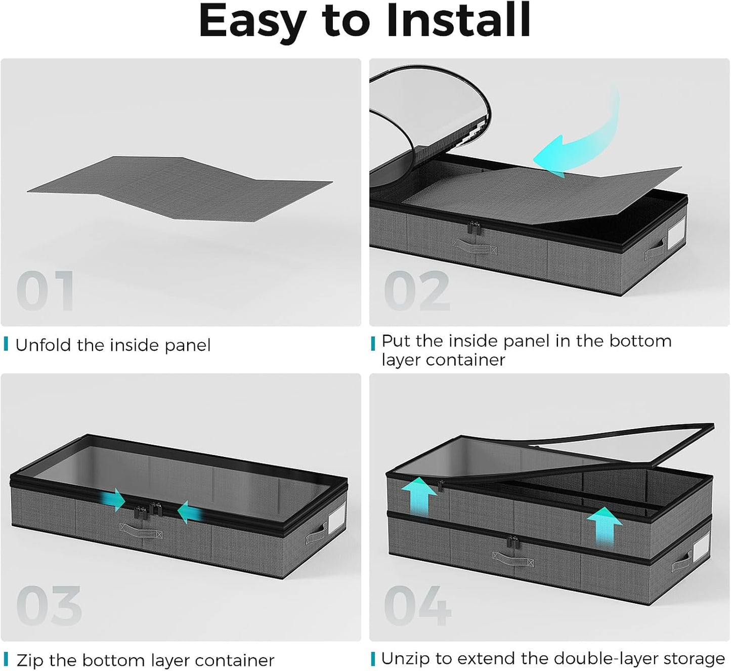 【4 compartments】2 Pack Under Bed Storage, Double Layer Extensible Underbed Storage Containers,Dust-free Clothes Storage Bins with Sturdy Sidewalls/Bottom,PVC Clear Window for Shoes Storage Organizer
