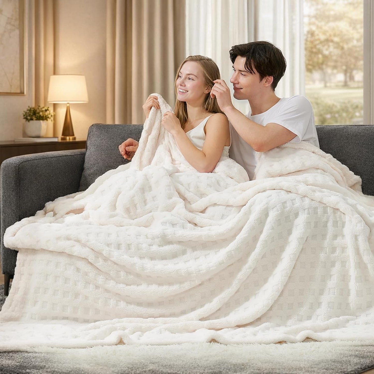 Cozy Bliss Ultrasoft Waffle Throw Blanket, Fluffy Cute Plush Blanket for Couch, Bed, Modern Home Accent, Portable for Picnic or Outdoor, Ivory, 66"x90"